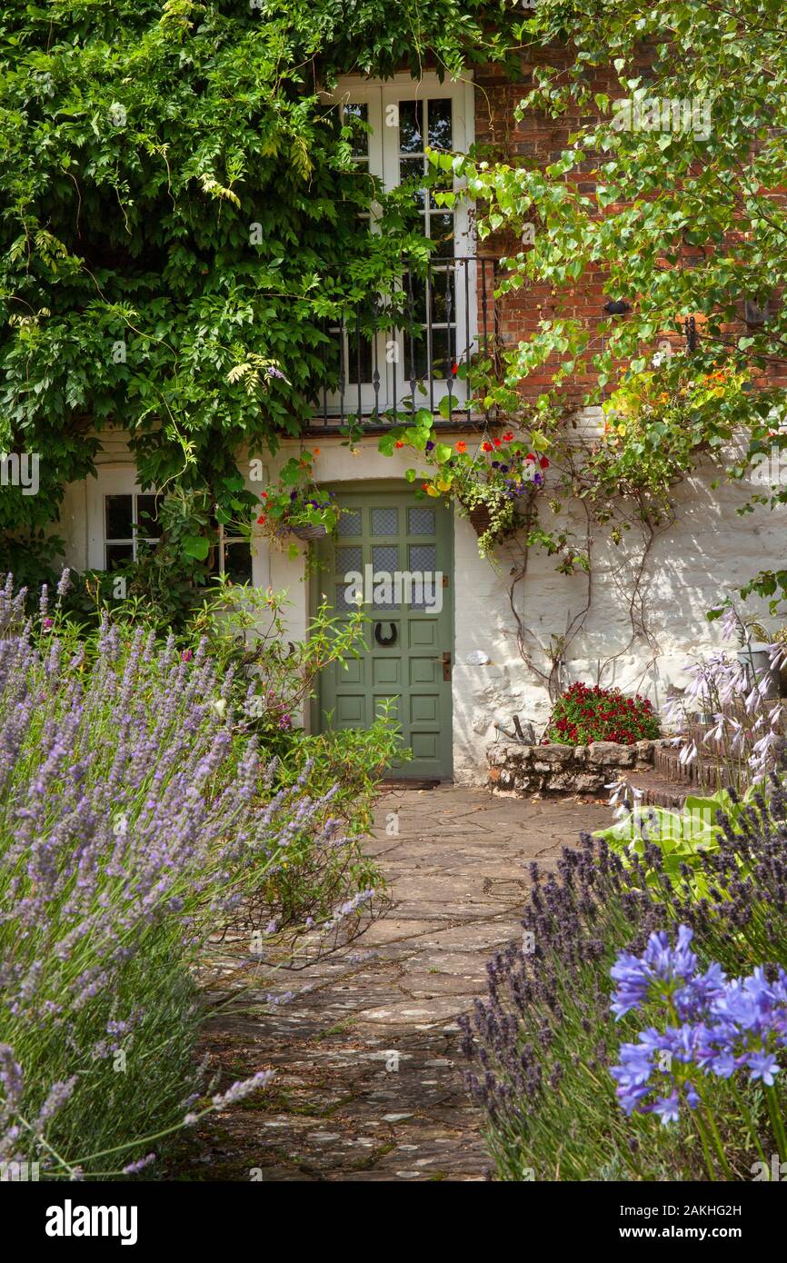 sentiero e patio che porta all'ingresso della casa porta in giardino inglese Foto Stock