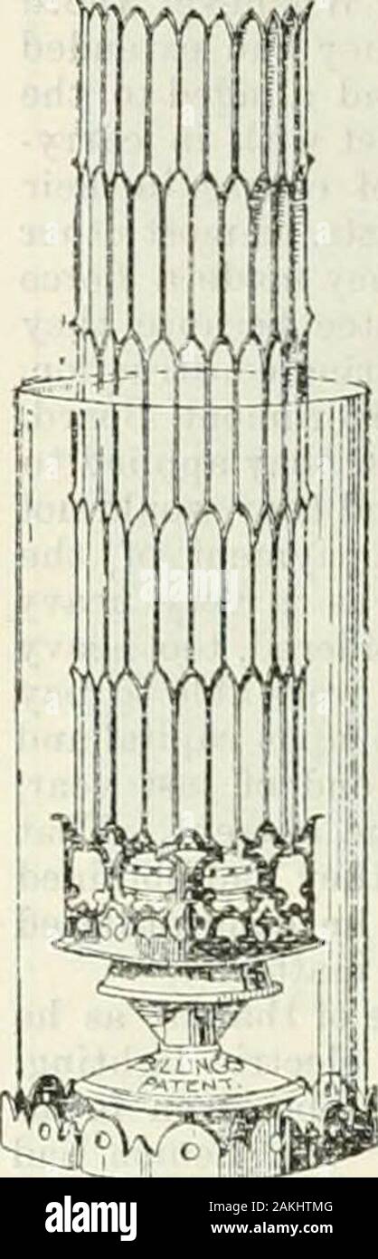 Il geometra e di ingegnere comunale . Il risultato viene raggiunto è il riscaldamento dell'aria in modo da sccnre che tutta la brugola difermo carbonio del gas è portato thehighest stato della lampada ad incandescenza. A sé la cura questo risultato un bruciatore di Argand withtwo camini e un piccolo ampliamento eriscaldamento camera appena al di sotto del burnerproper sono utilizzati. L'alimentazione di aria in beingdrawn verso il basso tra le due chimneysis riscaldata, e la camera di espansione,che viene riempita con il materiale filtrante,l'aids nel riscaldamento del gas che poi com-bines rapidamente con l'aria riscaldata. Theadvantages rivendicato per questo bruciatore arethat fornisce un absolut Foto Stock