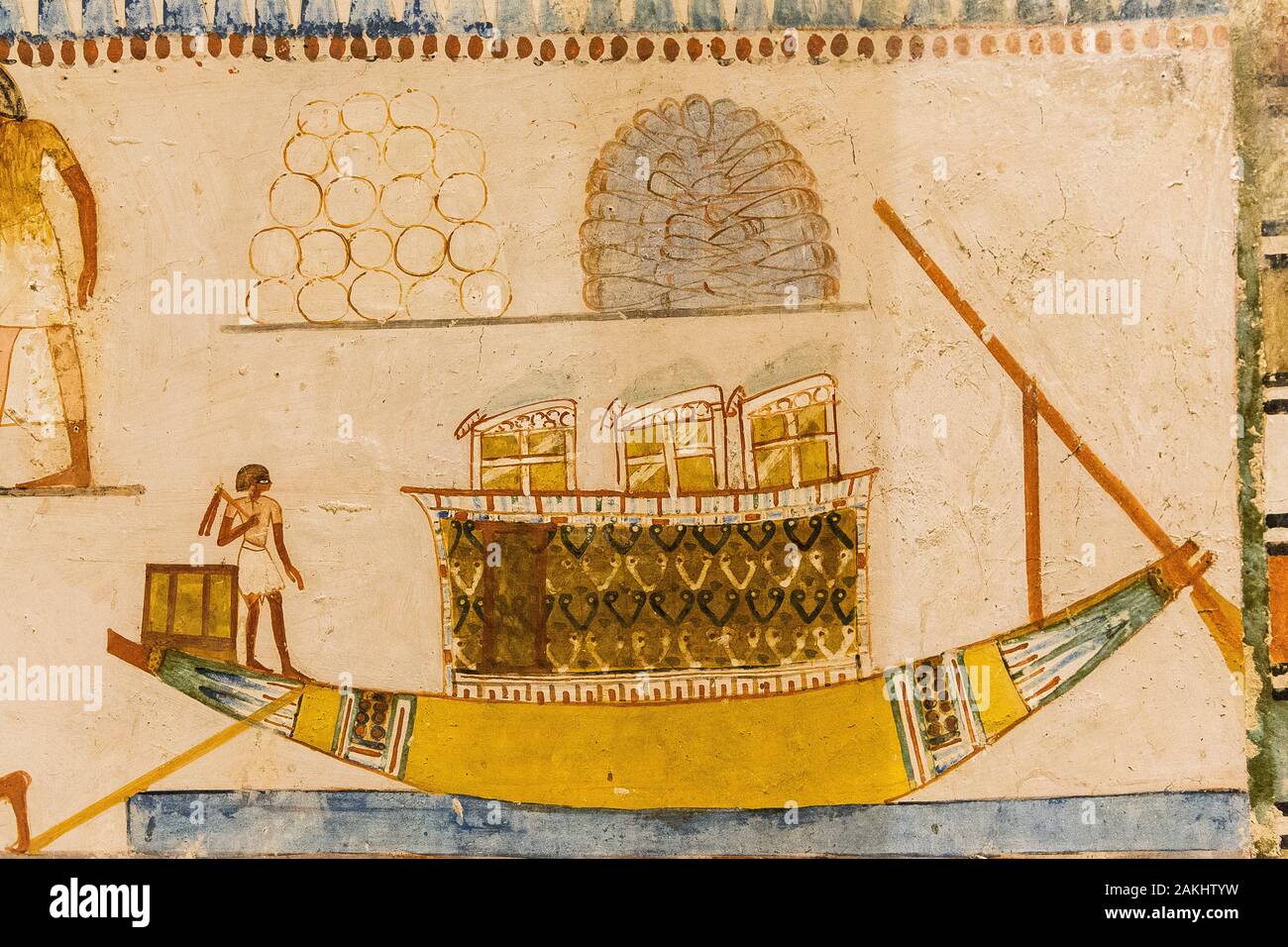 Patrimonio Mondiale dell'UNESCO, Tebe in Egitto, Valle dei nobili, tomba di Menna. La barca di Menna è ormeggiata e attende il suo proprietario. Foto Stock