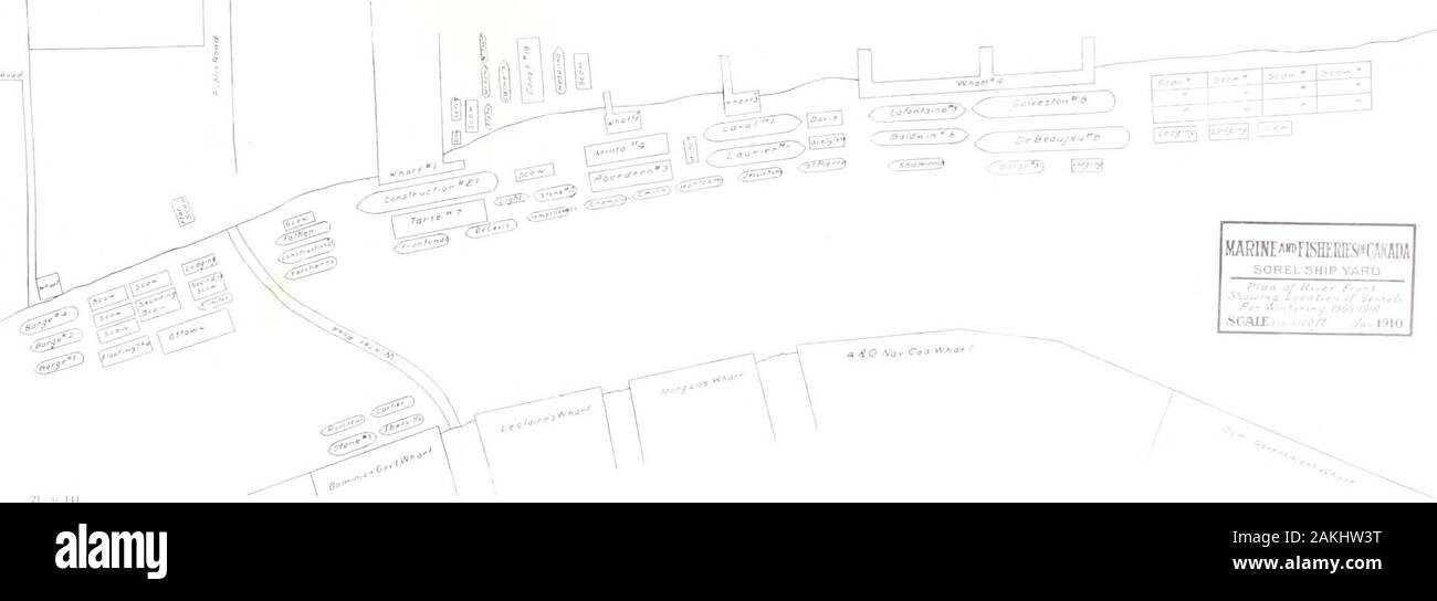 I documenti di seduta del Dominion del Canada 1911 . r l. Il nome di Montmagny è stato scelto per la newcraft. Dragare n. 19 Fu portata quasi a completamento, nel settembre 1909, e conl'aiuto della gru galleggiante del Porto di Montreal commissione abbiamo cercato di effettuare a bordo di tre spuds. Dopo il loro vincolo, è stato accertato che la boa-ancy della nave non era proporzionato per il grande peso e la possibilità di sfruttare la theseanchors. La nave è stata trasportata nel novembre 1909, al fine di allungare lo scafo,e compensare così la mancanza di spostamento. Costruzione n. 29.-lo scafo di questo rimorchiatore era Foto Stock