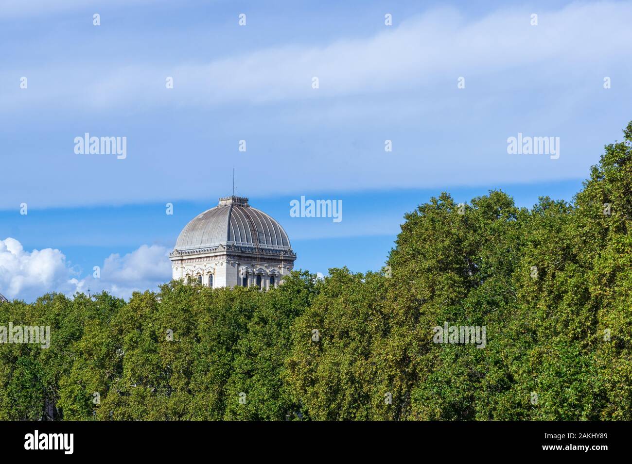 Veduta della cupola della Grande Sinagoga tra gli alberi dal Ponte Palatino, Roma Italia Foto Stock