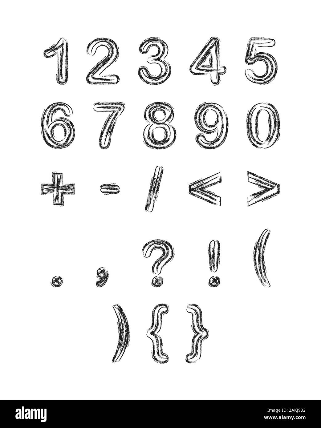 Disegno a matita di numeri e segni in stile scarabocchio. Isolato su sfondo bianco per i biglietti di auguri, poster, adesivi e design tematico. È Illustrazione Vettoriale