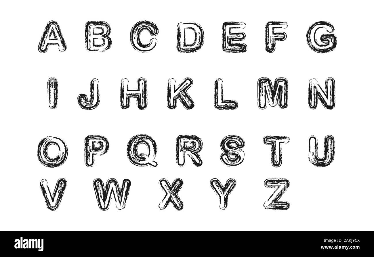 Disegno a matita di lettere latine nello stile di scarabocchio. Isolato su sfondo bianco per i biglietti di auguri, poster, adesivi e design tematico. Isolat Illustrazione Vettoriale