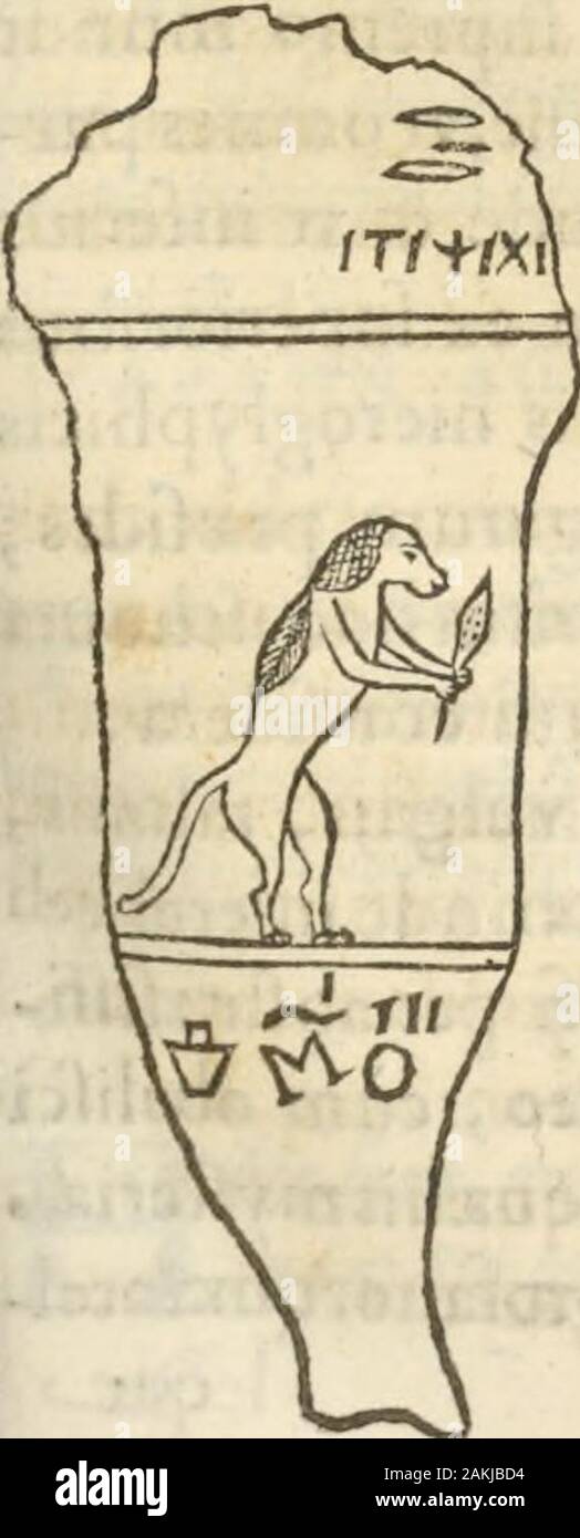 Athanasii Kircheri e SocIesu Obeliscus Pamphilius, hoc est, interpretatio noua & hucusque intentata obelisci hieroglyphici quem non ita pridem ex veteri hippodromo Antonini Caracallae Caesaris, nel forum agonale transtulit, integritati restituit & in Vbis Aeternae ornamentum erexit Innocentius XPontMax: in quo post varia Aegyptiacae, Chaldaicae, Hebraicae, Graecanicae antiquitatis doctrinaeque qua sacrae, qua profanae monumenta, veterum tandem theologia, hieroglyphicis inuoluta symbolis, detecta e tenebris in lucem asseritur . vbi figurahumananumero 14. fignata,ficu exprimic &Genmm, & nomen gen. Foto Stock