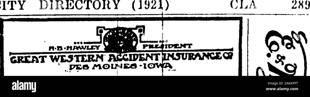 1921 Des Moines e Polk County, Iowa, Città Directory . n AptsClark Jos cook Welchs Dairy pranzo rms 100 così e 1st•Clark Jos D pres-sec J D Clark Co res 2803 Mondamin avClark Jos e slsmn res 31 Grand Av AptsClark Julia W (wid Orazio) bds 718 XVIII CLARK J D CO Giuseppe D Clark, Pres e Sec, foglio metallo lavoratori, lucernari, cornicioni, forni, etc, 128 2d, Tel Noce 1116Clark J Fred credit mngr L Harbachs figli Co res Altoona laClark Kath rms 1711 8thClark Kathleen stenog Iowa alimentazione elettrica Co rms 1082 36thClark Laura B (wid Lewis b) res 1203% 6avClark Leo C bidello casa di stato bds cor 39th e Foto Stock