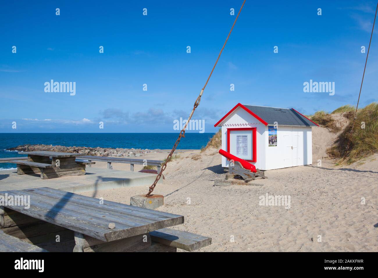 Agger,Danimarca - agosto 15,2018: sulla spiaggia di Agger. Agger è un piccolo villaggio di pescatori con circa 200 famiglie e una graziosa casa vacanza area, loc Foto Stock