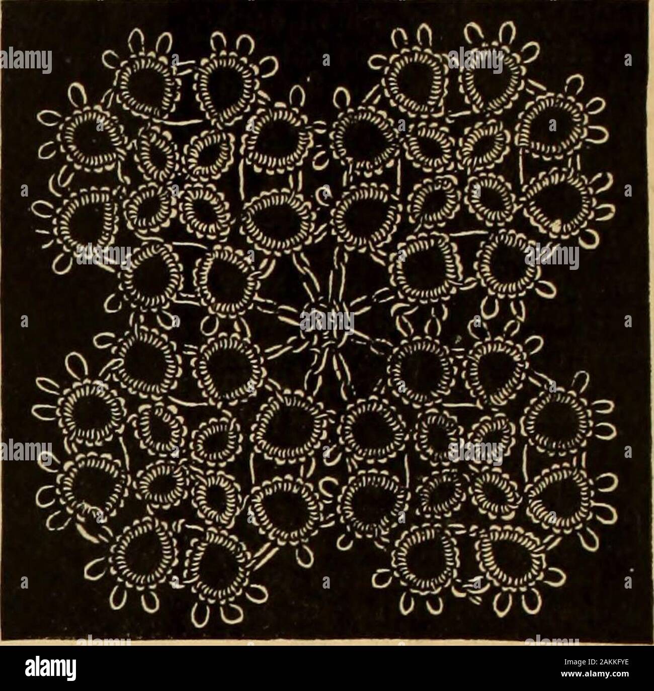 Tatting e rete . No. 28.-Ruota medaglione.(Per descrizione vedi pagina 73.) n. 30.-Ottagono medaglione.(Per descrizione vedi pagina 75). Foto Stock