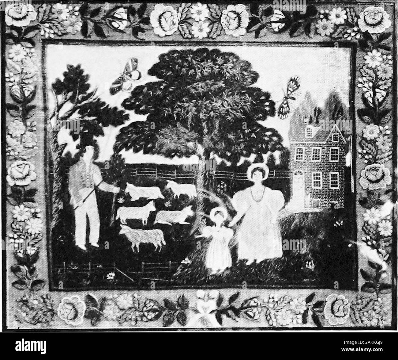 Il libro pratico di inizio American arti e mestieri . EMBEOIDERED e immagine dipinta, diciottesimo CENTURYCourtesy del Colonnello William J. Youngs, Garden City, Long Island. Inizio del diciannovesimo secolo immagine ricamata con bordo fiorito la gentilezza del sig. James Curran, Philadelphia Foto Stock