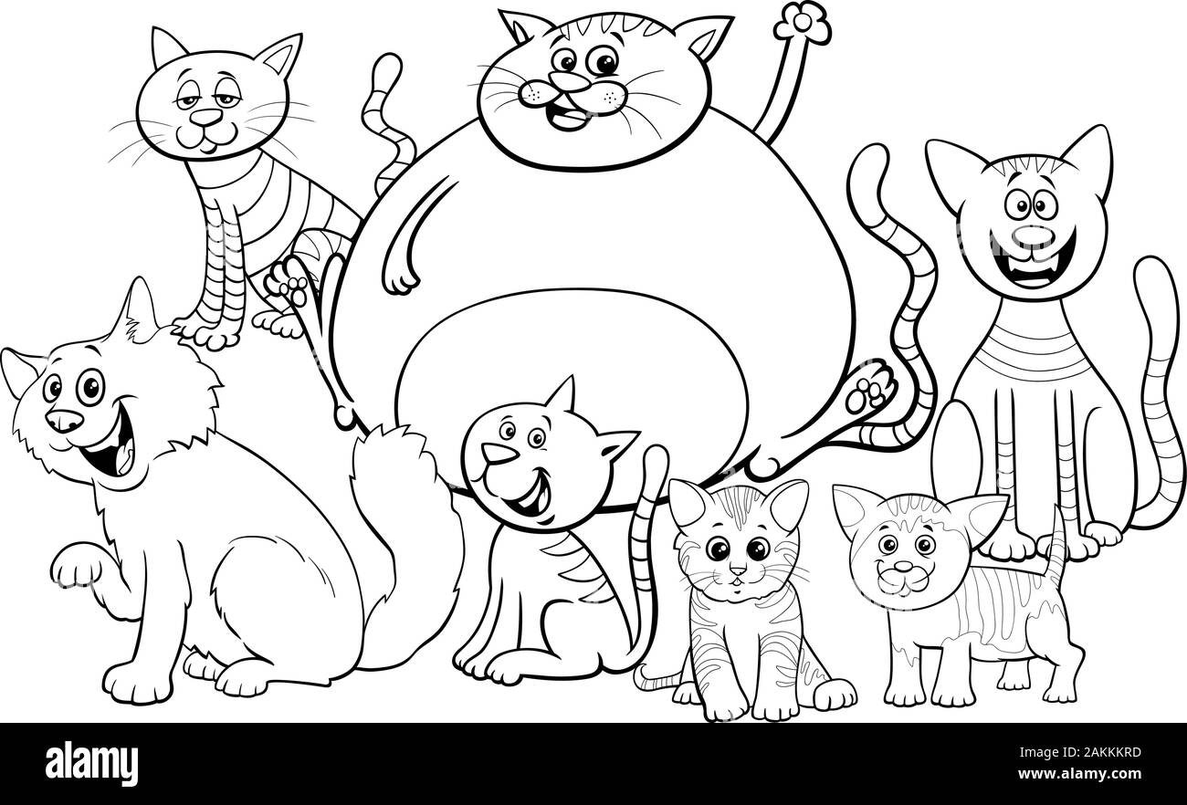 Bianco e Nero Cartoon illustrazione di gatti e gattini comico di animale di gruppo di caratteri libro da colorare pagina Illustrazione Vettoriale