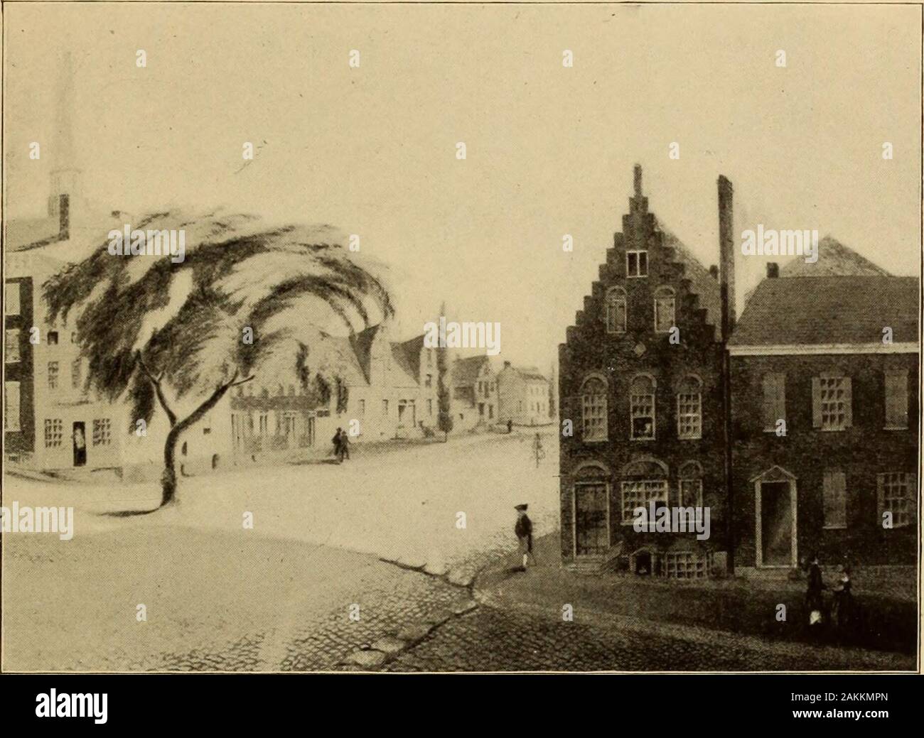 New York a Jamestown Exposition, Norfolk, Virginia, 26 aprile al 1 dicembre 1907 . &Lt; Chiesa OLANDESE PRESSO ALBANY Questo è tipico dei primi olandese gli edifici religiosi di nuovi Paesi Bassi e venne eretta dail prima congregazione che è stato istituito a Fort Orange (nel 1642), la seconda in stato di New York. Questo edificio, sul sito del 1656 edificio in legno, è stato costruito da brickIn 1715, ed è stata rimossa nel 1806 come era nel centro di State Street a intersectionof Broadway, ostacolare il traffico.. ELM TREE DI PHILIP LIVINGSTON questa immagine è tipica di una strada olandese di scena a Albany nel XVIII Foto Stock