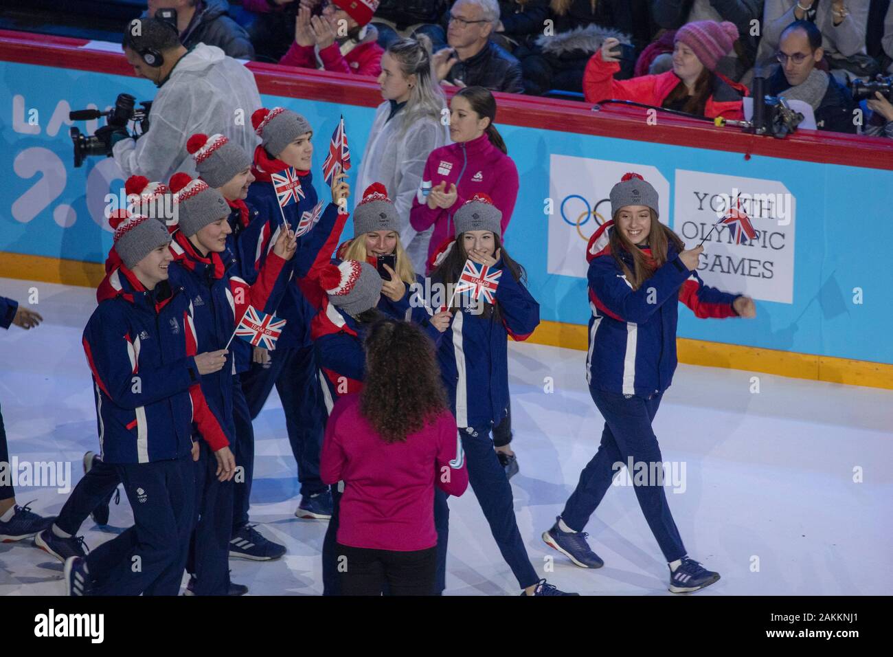 Team GB alla cerimonia di apertura dei Giochi Olimpici Giovanili di Losanna 2020, il 9th gennaio 2020, presso la Vaudoise Arena di Losanna in Svizzera. Foto Stock