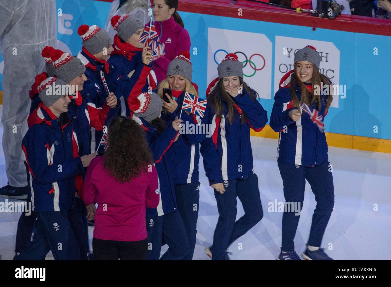 Team GB alla cerimonia di apertura dei Giochi Olimpici Giovanili di Losanna 2020, il 9th gennaio 2020, presso la Vaudoise Arena di Losanna in Svizzera. Foto Stock
