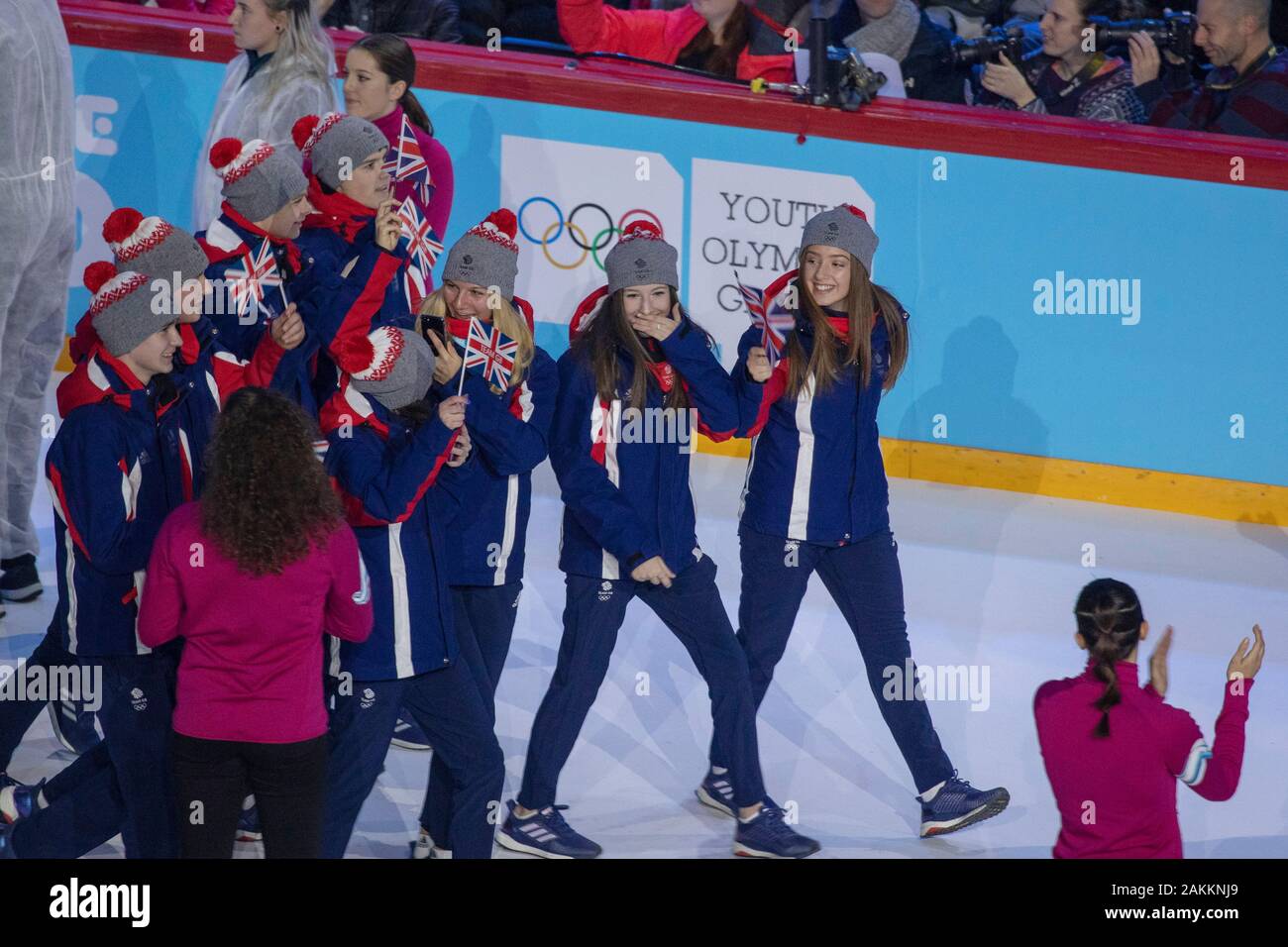Team GB alla cerimonia di apertura dei Giochi Olimpici Giovanili di Losanna 2020, il 9th gennaio 2020, presso la Vaudoise Arena di Losanna in Svizzera. Foto Stock