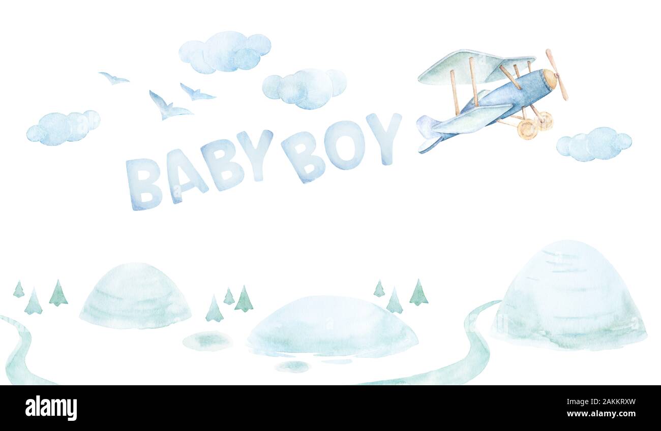 Baby clipart. Parete di vivaio art. Invito del neonato. Baby Boy. Volo aereo. Colline, strade, alberi. Luce blu nubi. Avventure. Set di acquerelli. Bianco Foto Stock