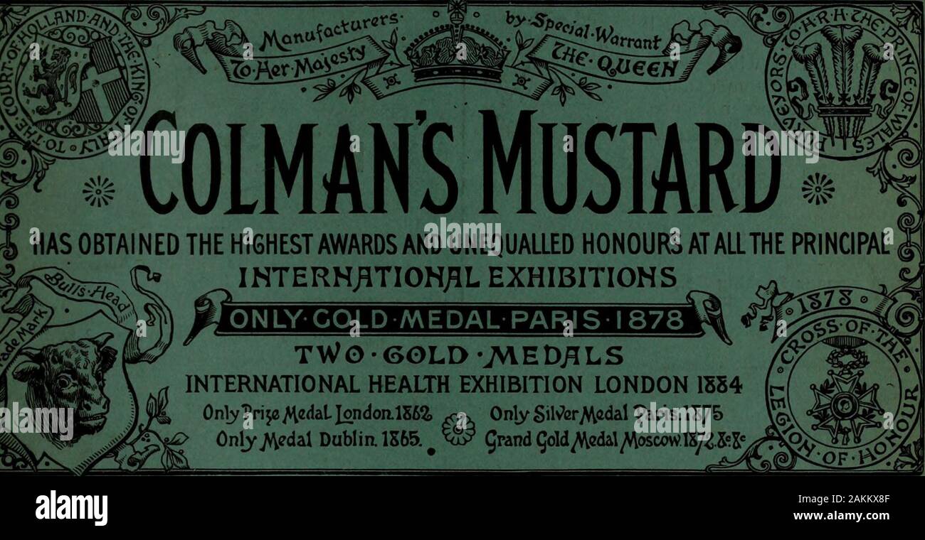 Canadian grocer Gennaio-Giugno 1898 . Senape COLMANS ha ottenuto i massimi riconoscimenti e successi di ineguagliabile a tutte le principali mostre internazionali solo-medaglia fredda Parigi 1878 Due • Oro - JVVED^LSINTERNATIONAL HEALTH EXHIBITION LONDON 1584 (r- Solo ?ri$e ftfiddl Jondon.l562&GT; ktk solo Sil^r^cdal ?aris.lS75solo^edal Dublino. 1S65. # W Qpand (Jold^edal^oscflW.lS^&X6 W7?/ Formaggio imperiale totalizzato 100 punti la perfezione assoluta pulizia racconta tutta la storia. È possibile - non rendere perfetto il formaggio come Imperial se uno particleof sporcizia entra nella sua composizione. Attraverso tutti i processi themany di ma Foto Stock