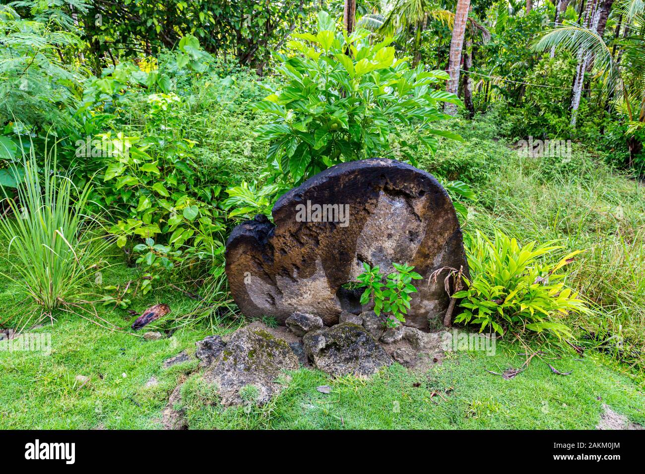 Un gigante preistorico pietra megalitico di moneta o denaro Rai, ricoperta sotto gli alberi nella giungla. Yap Island, Stati Federati di Micronesia, Oceania Sud Pa Foto Stock