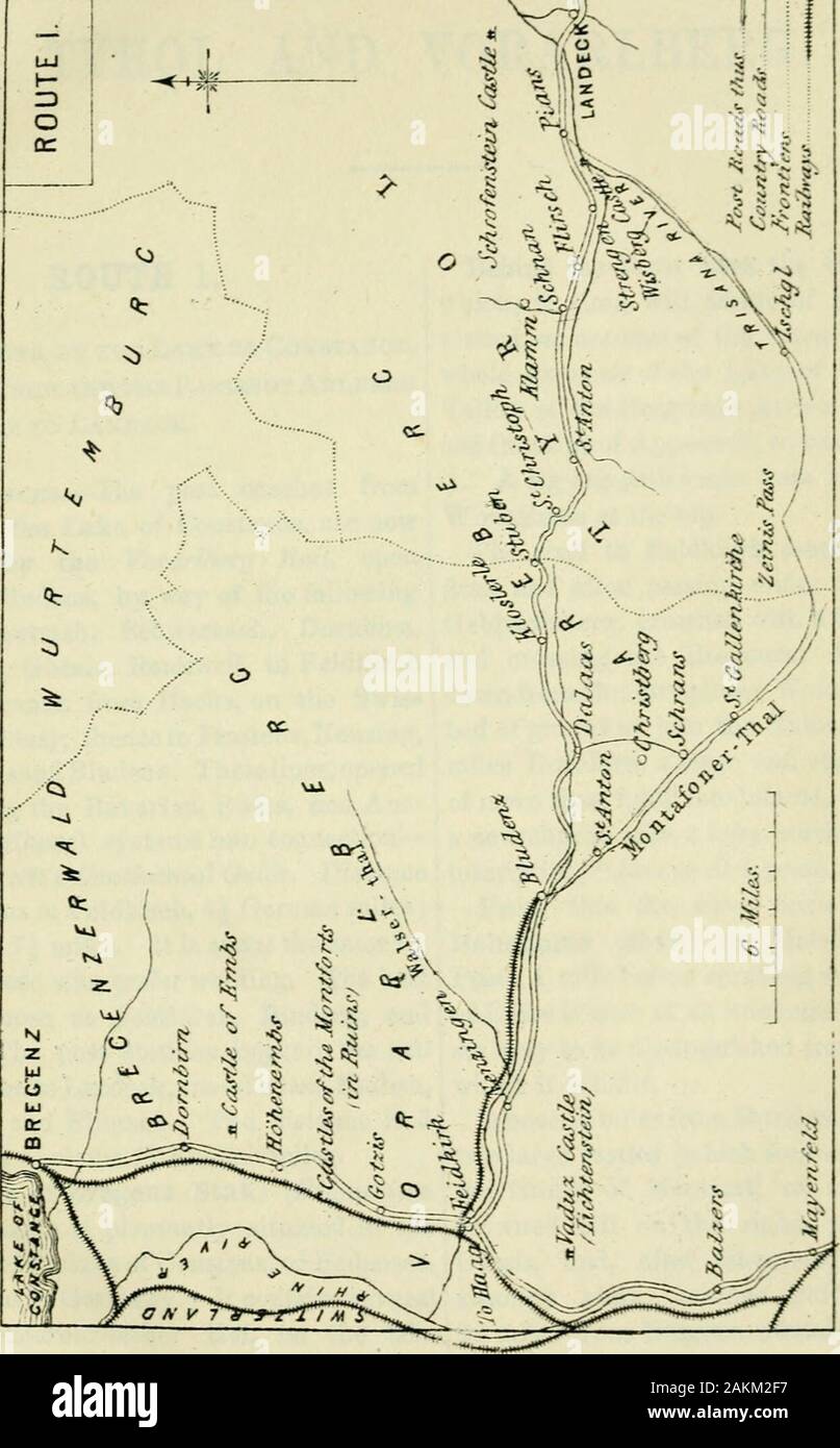 Bradshaw di note per viaggiatori in Tirolo e Vorarlberg . 3 Schnalser-tbal Naturna a. 24 La città di cura di Merano. 25 Passeyer-thal. 26 Jauffen a Vipiteno. 27 Brunecken. 28 Lienz. 29 Heiligenblut. 30 ghiacciaio di Gross Glockner. 31 Bucheben, dal Hochtbor. 32, 33, 34, Gastein, Werfeu, Hallein. 35, 36, Gosau, Salisburgo. 37, 38, 39, 40, 41, 42, a Monaco di Baviera, come nell'ultimo. Escursione di dieci giorni tra le Dolomiti in Alto Adige.Botzen toBlumau(rampa), a piedi Welschenbofen 2 Castelruth 3 bagni di Ratzes-Seisser Alp-SAN 4 Ulricb Campidello, da Wolkenstein e la Fassajoch.6 Feduia Pass-Sottoguda-Caprile. 6 Lago d AUegh Foto Stock