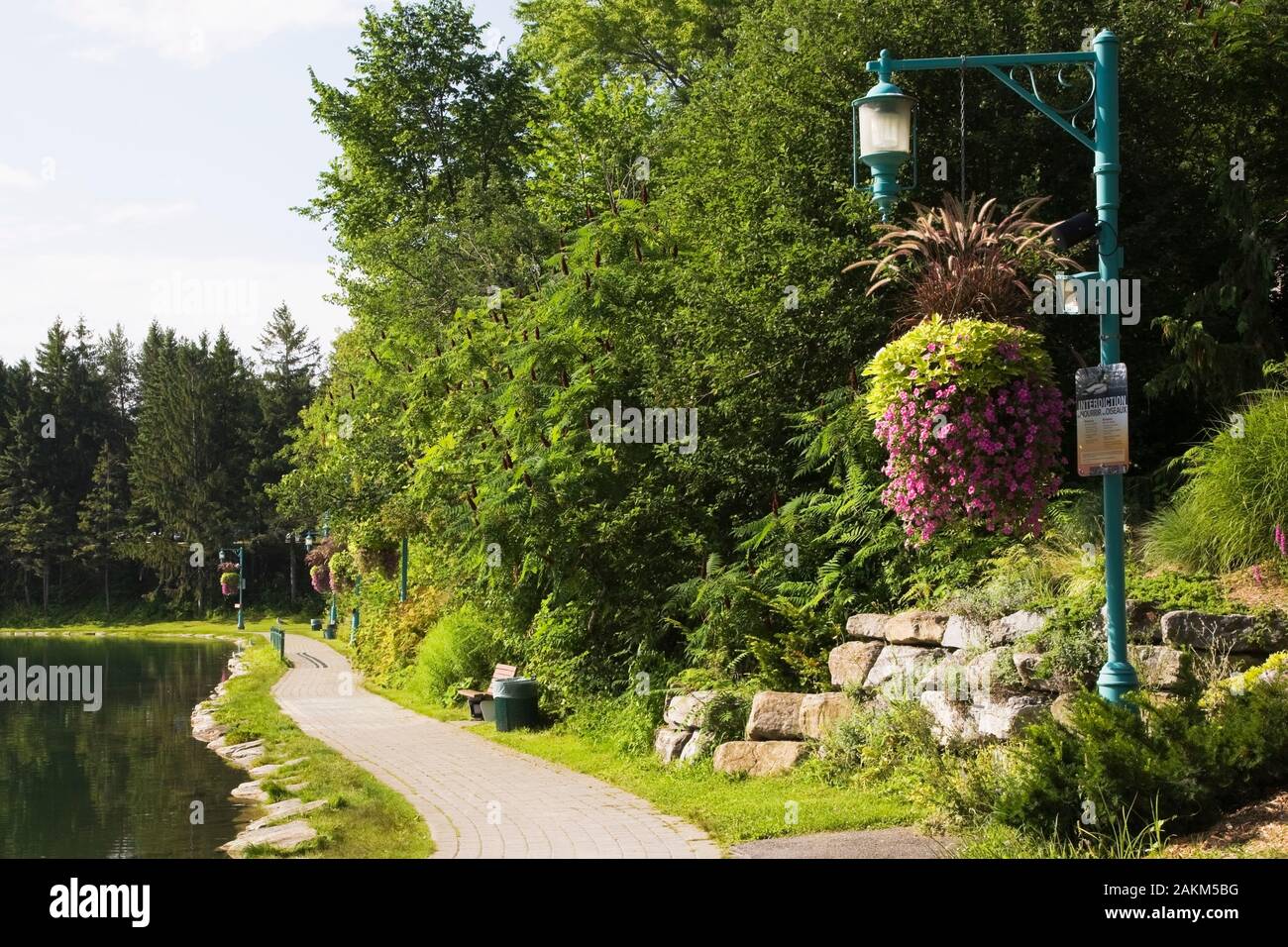 Pietra lago orlato con percorso e lampioni con cestelli appesi di viola nelle petunie in estate, Centro de la natura giardino pubblico, Laval, Quebec. Foto Stock