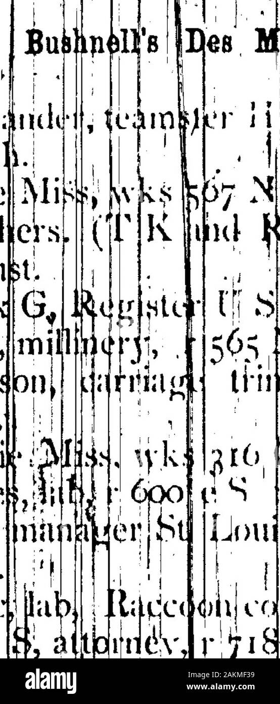 1876 Des Moines e Polk County, Iowa, Città Directory . ^^Cl risty W, D, r 61S e la seconda. ? JCl^nsty William, carpenttfr, io-" 811 R 320 e dodicesimo,A|v^il^cr. itlmsly Williar.i, membro Trc|isiirer,| r n s e Locust ibet Pennsybania av e el nono, iUijirdmmn Emma Miss, ijiOf WalHut 5. J;|fe;;iiinUvi,bdsLobenIloi^^^^^^ t.,^^pZENS NATIONATJlJkNK^Samiit^l Merrill prcs, J Xt tornate in contanti), 500 ValnutL^l^;|^!^^il&lt;o.ns, Sher^ians blk| ho ^n^^.ii^ECTORY, ifchnell i) Co, compila e ^npire al reparto IT - 11 -?iUlu PatrKk,hrakesma.vlC ISeventh R. 1 •, ^5WKK,u,".r,lst..kaU C kJl.^ PR. lleasajit. CWl!lo Foto Stock