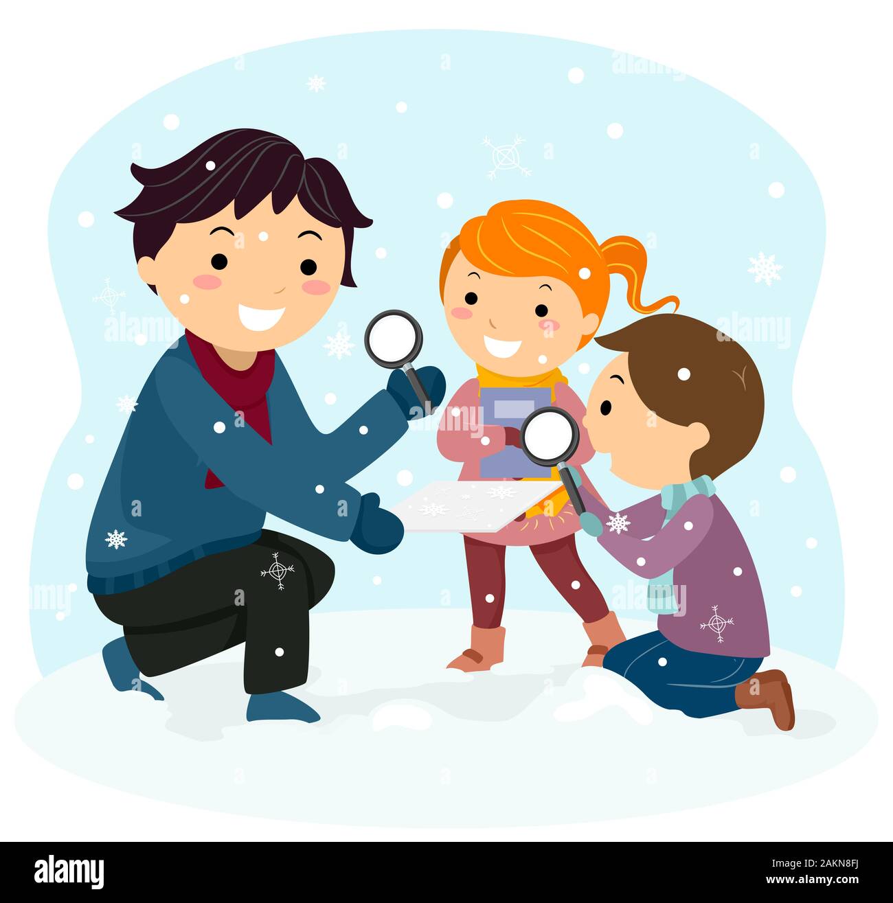 Illustrazione di Stickman Kids osservando i fiocchi di neve utilizzando una lente di ingrandimento con il loro insegnamento all'aperto Foto Stock