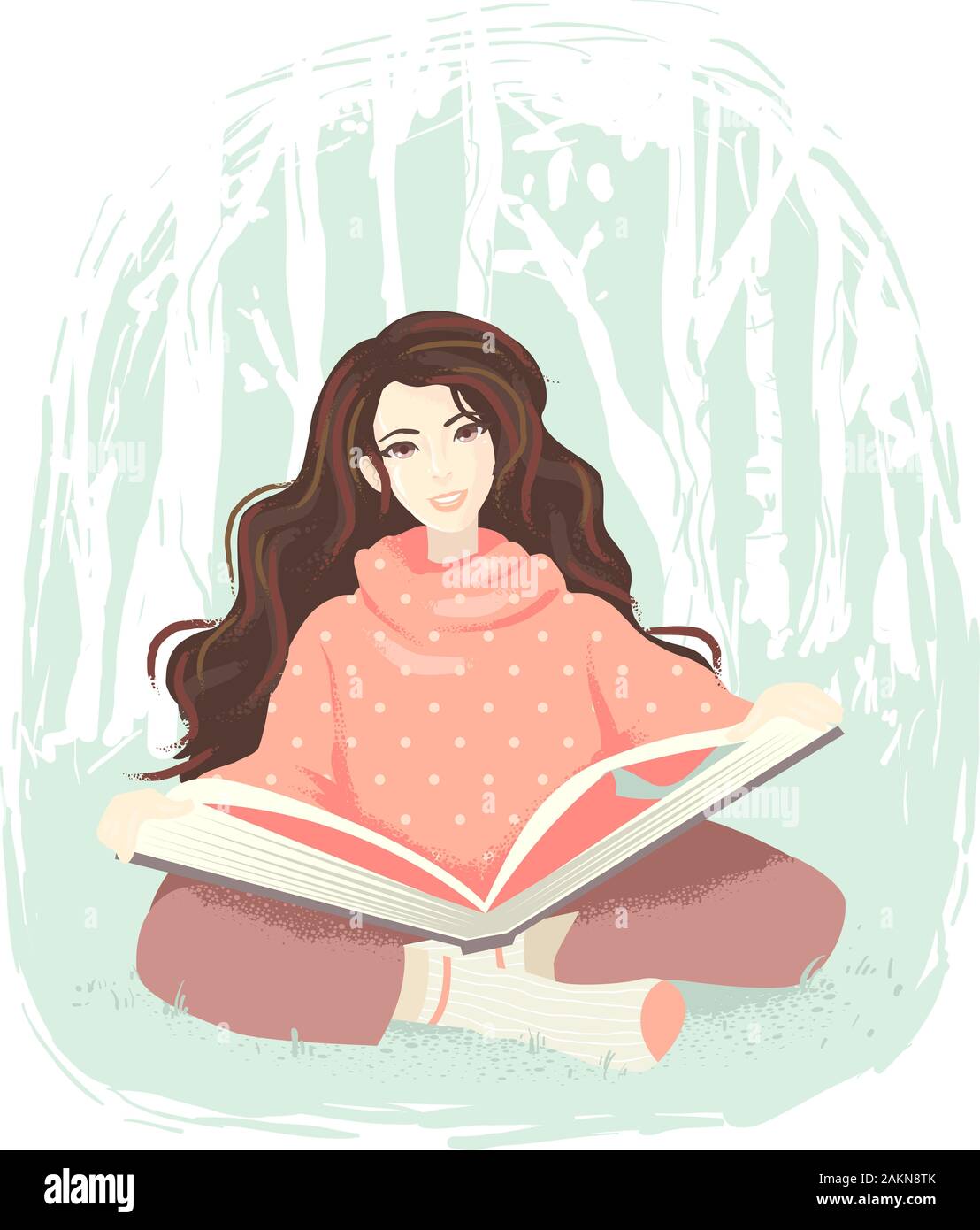 Illustrazione di una ragazza la lettura di un libro di grandi dimensioni e di seduta in seduta indiano nel bosco Foto Stock