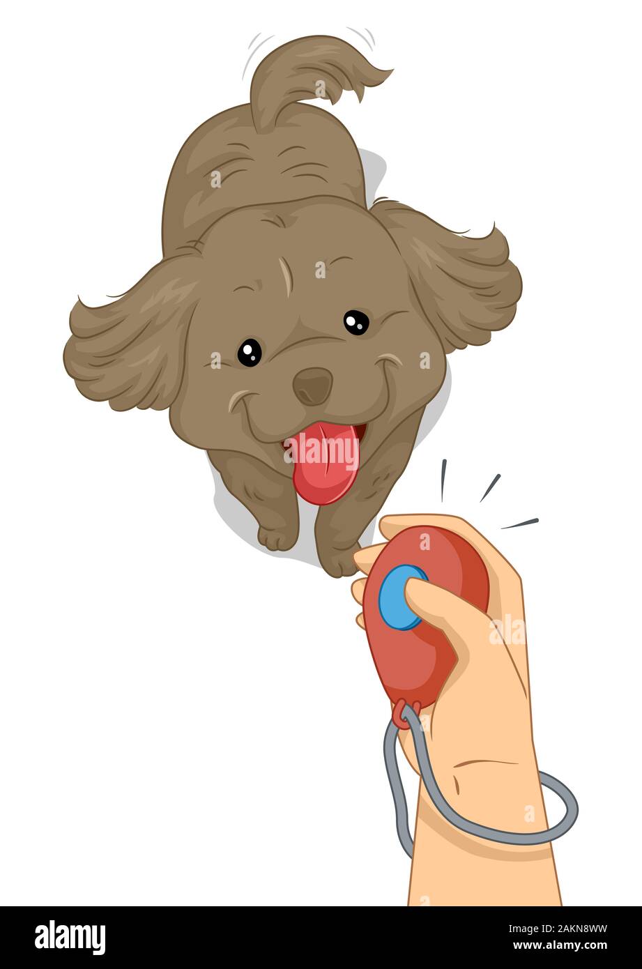 Illustrazione di un cane guardando in alto e una mano che regge un Clicker per Clicker Training Foto Stock