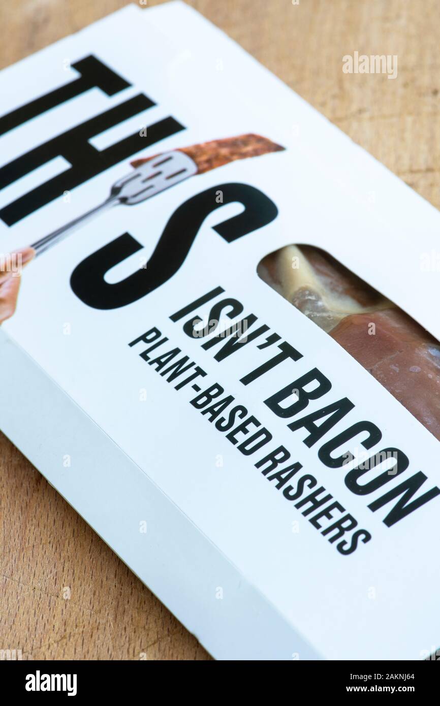 Questo Isnt Bacon. Impianto basato fette di bacon. Impianto basato il cibo. Carni libero prodotto vegano. Regno Unito Foto Stock
