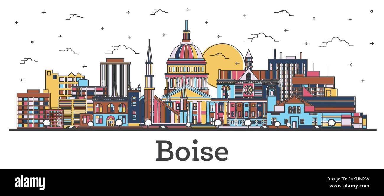 Delineare Boise Idaho skyline della città con edifici di colore isolato su bianco. Illustrazione Vettoriale. Boise USA Cityscape con punti di riferimento. Illustrazione Vettoriale