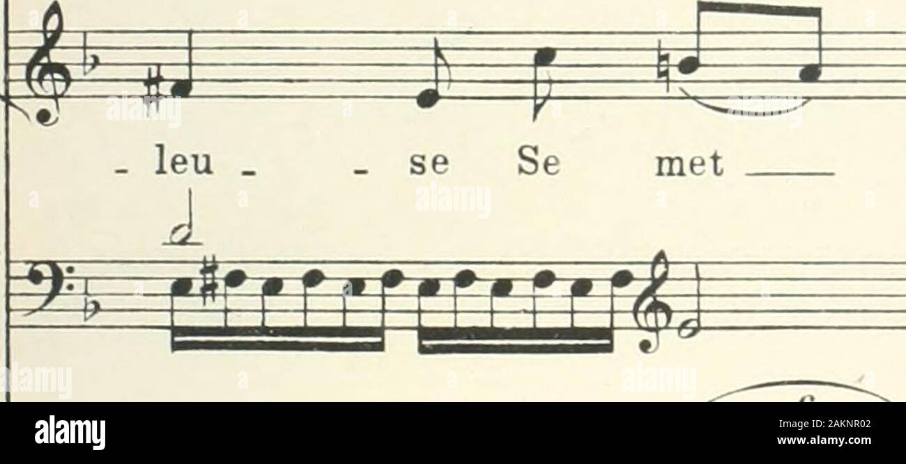 La Forêt bleue; conte lyrique en 3 actes, d'apres Les contes de PerraultPoëme de Jacques ChenevìerePartition pour chant et piano réduite par l'auteur . À d j d il faut lui rap - pe   1er tal dan - GER I I^ CHOEVR ia me ^ ^ âp f leu se se soddisfatte. Un chan . ter com - me les ci à chan   ter com me les 01 fe: R# ^^^^^^^s ^TTnl ITjT^jTTTTÏI^ 82 la ^ mm Tant pis ! Y [" P - 19 P P ^ Si je uomini   dors,. ^^ ^rr onu un - mou ï na   ce... cU &gt;Â É ^?=^ ^ seaux. "F 0 gué ^ iir • &lt; ho seaux. Mi/ ( H(F.rR sniH. /^ % 0 gué ! ¥ CONTR. mf 0 gué ! F J ^ 0 gué ! Foto Stock