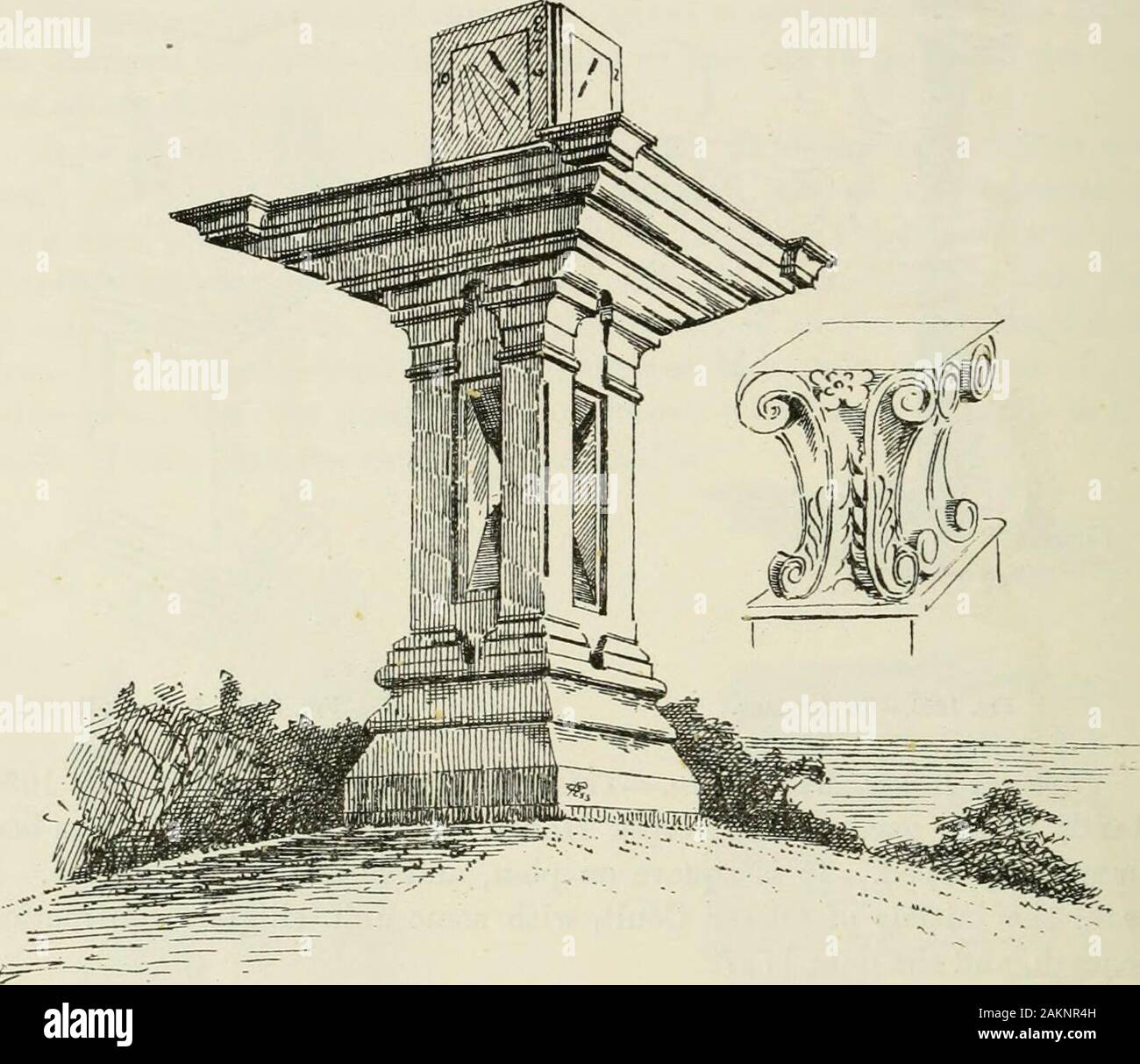 A tacche e architettura domestica della Scozia, dal XII al XVIII secolo . Meridiane - 478 meridiane Dunglass, Haddingtonshire.-Questo quadrante (Fig. 1656) poggia su thesummit circolare una collinetta artificiale di circa cinquanta metri a sud-ovest dal recinto rovinato Collegiata di Dunglass (vedere Vol. iii. p. 27). Esso issquare sulla pianta e ha molto l'apparenza di essere una fontana,con quello che sembra essere un ampio sbalzo bacino quadrato; ma è un dialonly. Il piedistallo (tagliati da una pietra) è realizzato con quattro pilastersat angoli; questi sono completamente sollevati, mostrando la luce diurna essere Foto Stock