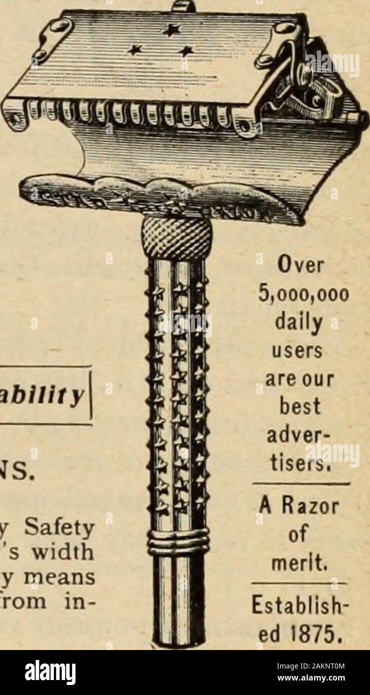 Merchandising Hardware (gennaio-giugno 1902) . Star SafetyRazor. L'originale e migliori la sicurezza.rade pulire salva Tine mai tira AGENTI DI VENDITA IN CANADA Per la genuina imperiale VERDE FRANCESE DI JOHN LUCAS & CO.,Philadelphia. E celebrato inglese vernici di CHAS. TURNER & FIGLIO,Londra. Si prega di menzionare l'hardware e il metallo quando viene iscritto. Stabiliti i860. Una meraviglia di semplicità e di durevolezza diffidate delle imitazioni. Tre Stelle in sicurezza è il solo SafetyRazor che può essere regolato per una peli widthby chiunque per adattarsi a qualsiasi faccia o la barba da meansof viti di regolazione, completamente protetti da in-fringers da t Foto Stock