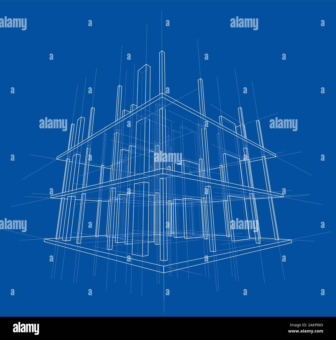 Disegno o schizzo di una casa in costruzione. Sito in costruzione. Linea principale, torna il contorno e le tubazioni ausiliarie. Il vettore costituito da 3d. Illustrazione Vettoriale