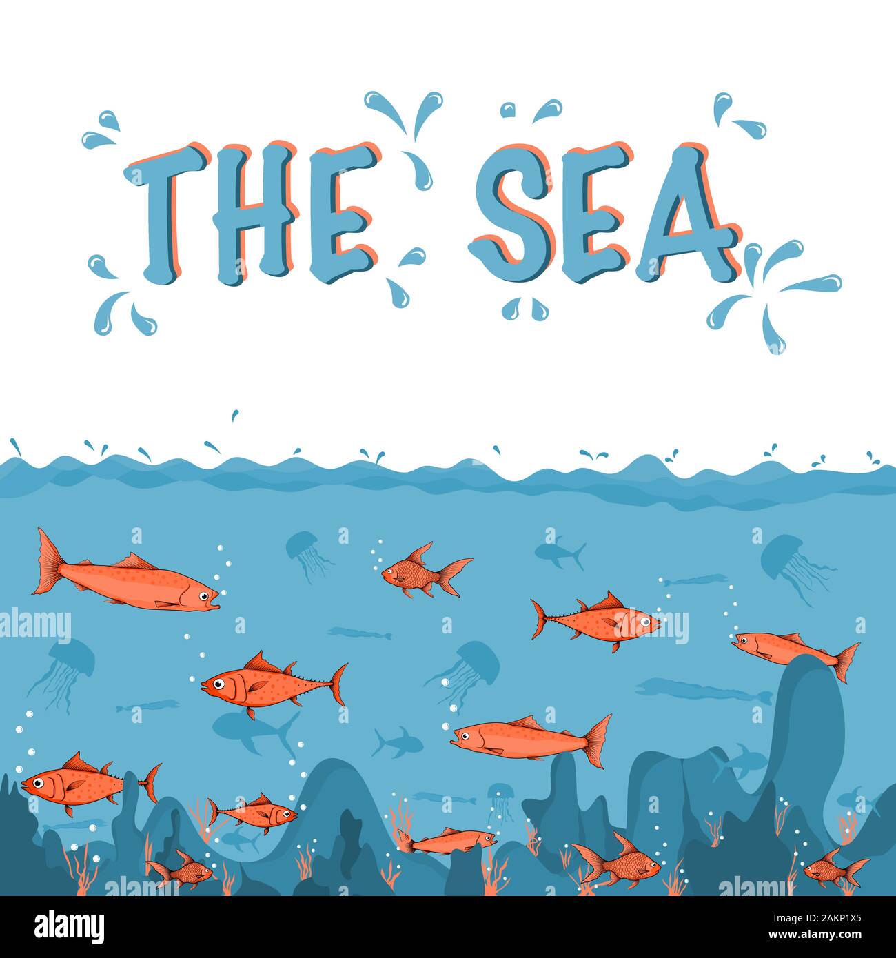 Profondo oceano sfondo copia e spazio per il testo. La vita marina in sott'acqua. Illustrazione Vettoriale cartoon. Illustrazione Vettoriale