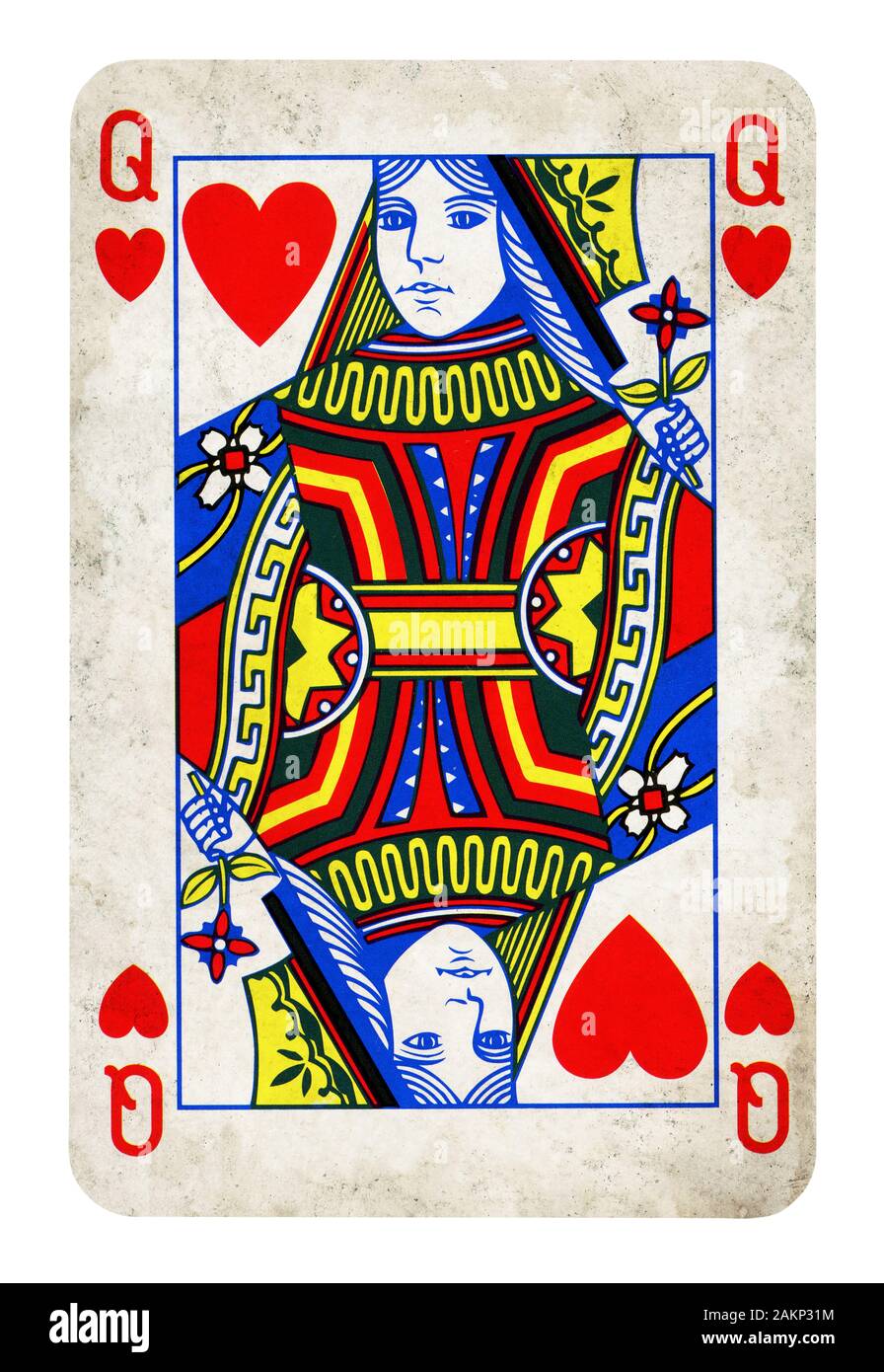 Regina di Cuori Vintage carta da gioco isolato su bianco (percorso di clipping incluso) Foto Stock