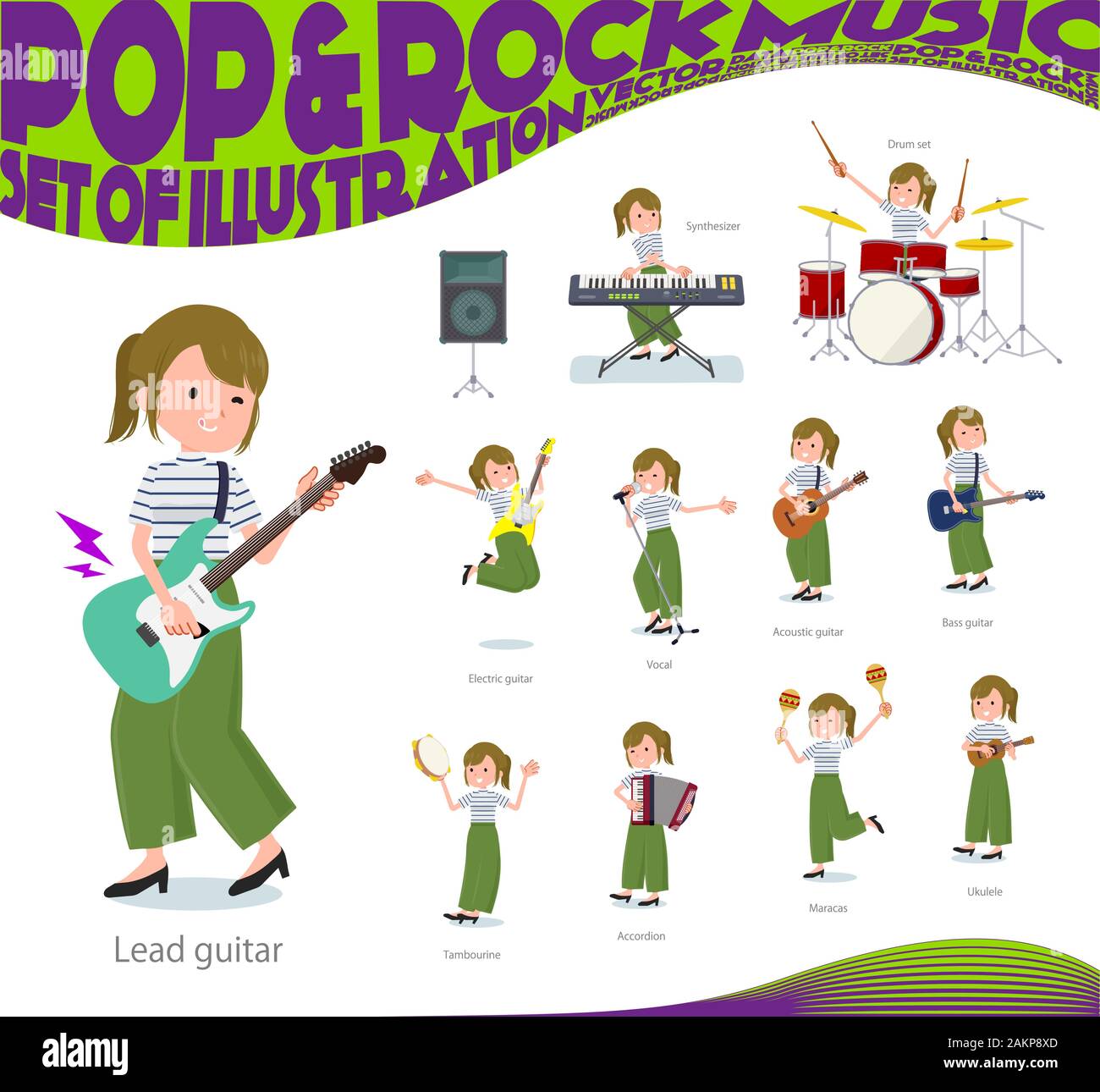 Un set di casual moda donna suona rock 'n' roll e la musica pop.Ci sono anche diversi strumenti come ukulele e tamburello.it vettore dell'arte così Illustrazione Vettoriale