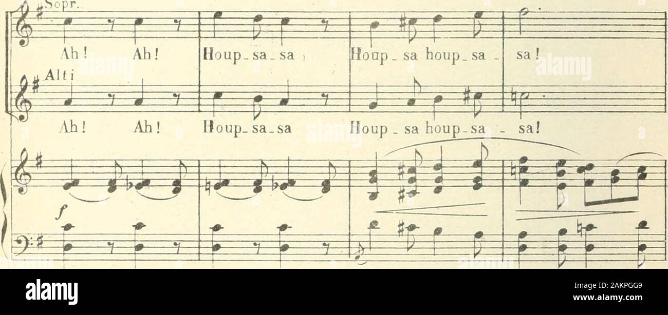 Fêtes d'Alsace; opéra comique en trois actesLivret de Paul Milliet . Ténor m J-Tf ^^^^^^^^ Ah ! Al) ! Iloup - sa   sa Ah ! Ah ! HouD-sa   sa Basses?". ^m ^^ se Ah! Ali! Iloup-sa   sa Ah! /Ui! Houp-sa . sa che io ^^^i# ?j"-*-V" *5^ È # 3=->- ^ (Mutzig et Hadfus tenaiit Schuapper-Elle par la main entrent dansant ue, précédant Frantz Rappenti.uré df la Poutroje leter-Sôme, des garçons brasseurs et dun, corteo damis.). :"= / r- ^ F ^ r ^gg ho CestAlti ^ Frantî Rapp Cest par 1 . J- mi à ^ Ali/vas ^ ^^ Tén Cest Frantzf Rapp Cest ^ ^ V=^^H- Ah!vas ^ 1 Cest Basses/ Frantz Rapp Cest lui par I - ci Foto Stock