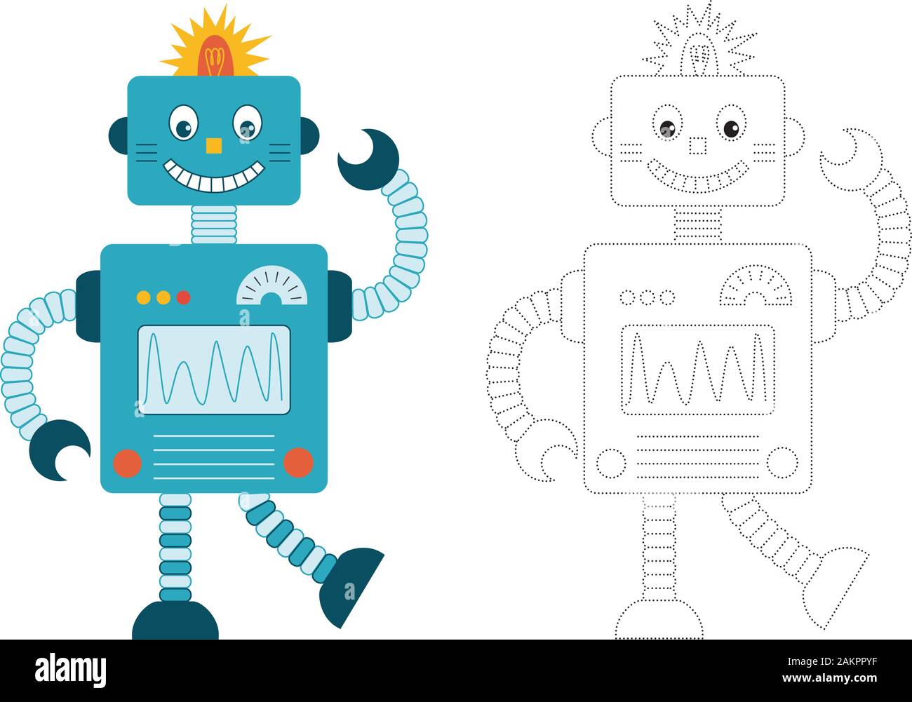 Robot e collegare i punti dell'immagine. Per i bambini di età prescolare. Illustrazione Vettoriale