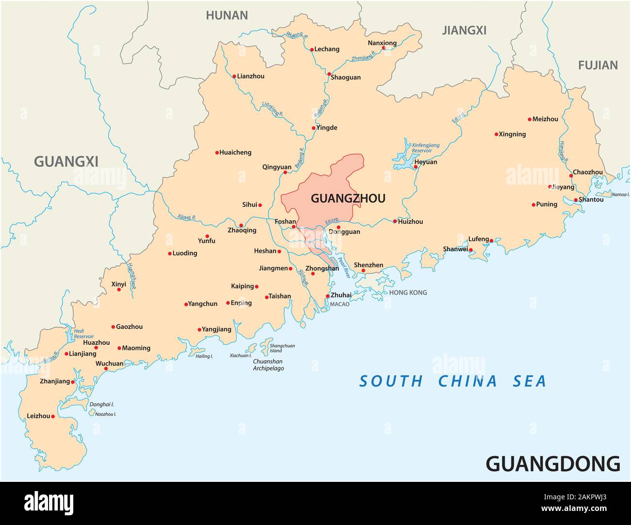 Mappa del sud della provincia cinese di Guangdong con le più importanti città Illustrazione Vettoriale