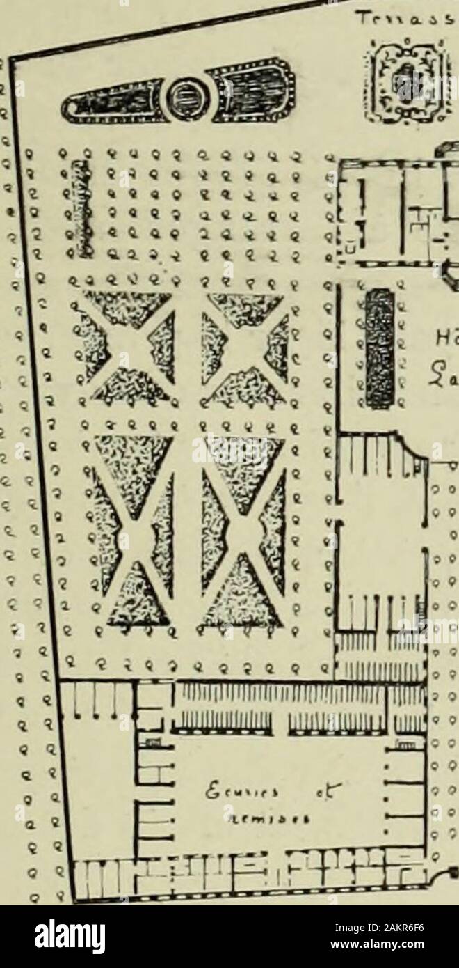 Les arts dans la maison de Condé . I " "1 ^ io 1 * 1 1 !I. ^rrrr^g: ^^.. Le palais BoniiiON et lhôtel ue Lassav axant ITiJj. Nazioni Unite perron à plusieurs degrés se développait à lextérieur du bâtiment principal etdonnait accès aux jardins qui entouraient le palais et le séparaient de lhôtel de Lassay.Celui-ci ne comprenait quun seul corps, sans ailes, delà même hauteur que le palaisvoisin. Su y entrait par une longue avenue fare marronniers qui parlait de la rue delUniversité; à droite de lavenue, bosquets du Palais Bourbon, cucine et communsde lhôtel de Lassay; à gauche, cascami écuries du Palais Bour Foto Stock