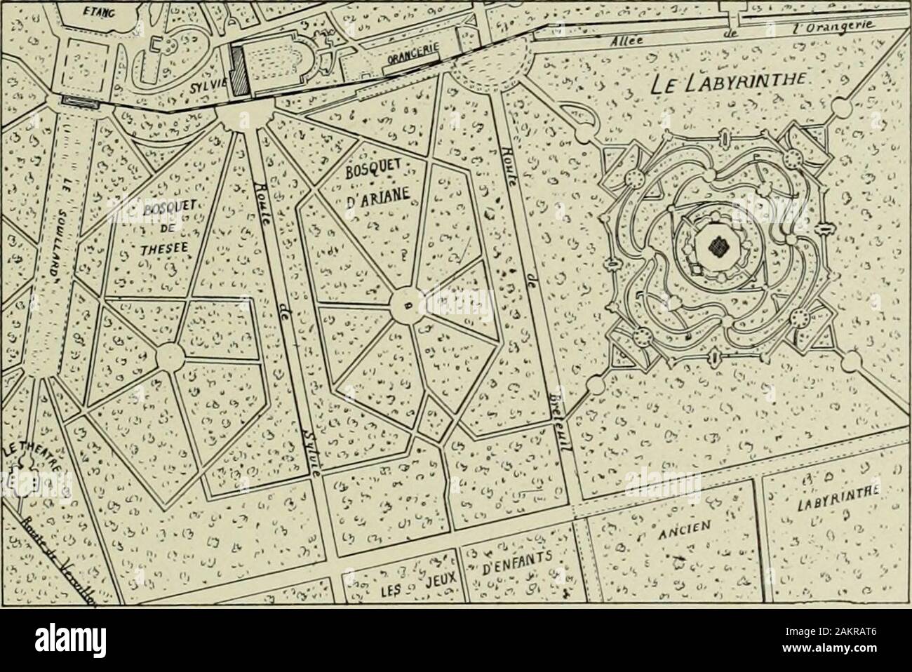 Les arts dans la maison de Condé . iialre Ijusles daprcs ranliquc. du Haut Sccrelden dIlippolyle .Moulin, et de VEaii dAnloine Poissant, LOLIS-JOSEPH, PRINCE DE CONDE 101 Nonette dans le grand Rond, faisait partie du " petit parc dAvilly ", séparé du parcde Sylvie par onu lungo jeu de Mail qui datait du Grand Condé; ce jeu occupait tout lecôté droit du triangle compris entre la Route du Pont du Roi et le parc de Sylvie,triangolo ayant pour le base mur qui fermait le Parc de la Cabotière. Le parc de Sylvie était coupé en deux dans toute sa longueur par une grande avenue,et divisé en carrés par des Foto Stock