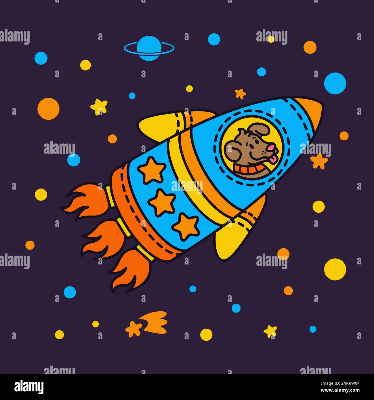 Un cane in un razzo astronave. Star Galaxy. Carino cosmonauta cane nello spazio esterno. Illustrazione Vettoriale sul tema dello spazio in stile infantile. Illustrazione Vettoriale
