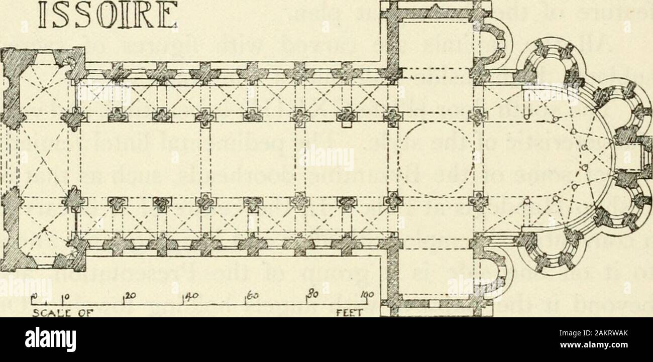 Bizantina e romanica architettura . orseshoe arch è una figura seduta del nostro Lordbetween due sei Serafini alato che richiamano quelle di themosaics a S. Sofia. A destra e a sinistra della porta aresingle figure su staffe sotto una cappa, ma non nichedinto la parete e sopra sono due gruppi di piccole figure,di cui uno è molto perirono. La scultura sull architrave è molto profondamente intagliata, andsunk nel solido : le altre figure sono piantati su ^ V. illustrazioni nel MusSe du Trocadero^ Piastre i8i, 330, 332. 134 FRANCIA-AUVERGNE [ch. xxiit NotreDame duPort Issoire faccia della parete in una maniera tipica Foto Stock