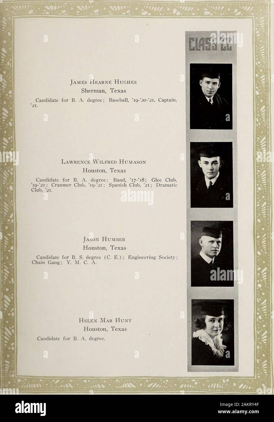 Il Campanile . LULA HiGGlNS Reagan, Texas candidato per B. A. grado; E. B. L. S., ho8-22; Y. W.C. A., è-ig; Sigma Beta, 2i-22, Segretario-Tesoriere, zz. Margaret MosKLLE Hilswick Houston, Texas candidato per B. A. grado; P. A. L. S., 20-22, Vice Presi-dent, 21-22: Y. W. C. A., ho8-22. Vice Presidente, 2i-22;Segretario Consiglio Womans, 2o-2i: Tennis Clulj, ho9-2i;vita banda di servizio: Des Moines delegato; Assistant inFrench. ]Iarvvn Lister Hirscii Houston, Texas candidato per P.. A. Grado; P. A. L. S., ho9-22. Segretario,2I-22: Y. Y. C. A., ho8-22; Tennis Club, 20-22; iscritto Club, 2I-22. 13Un Littlet Foto Stock