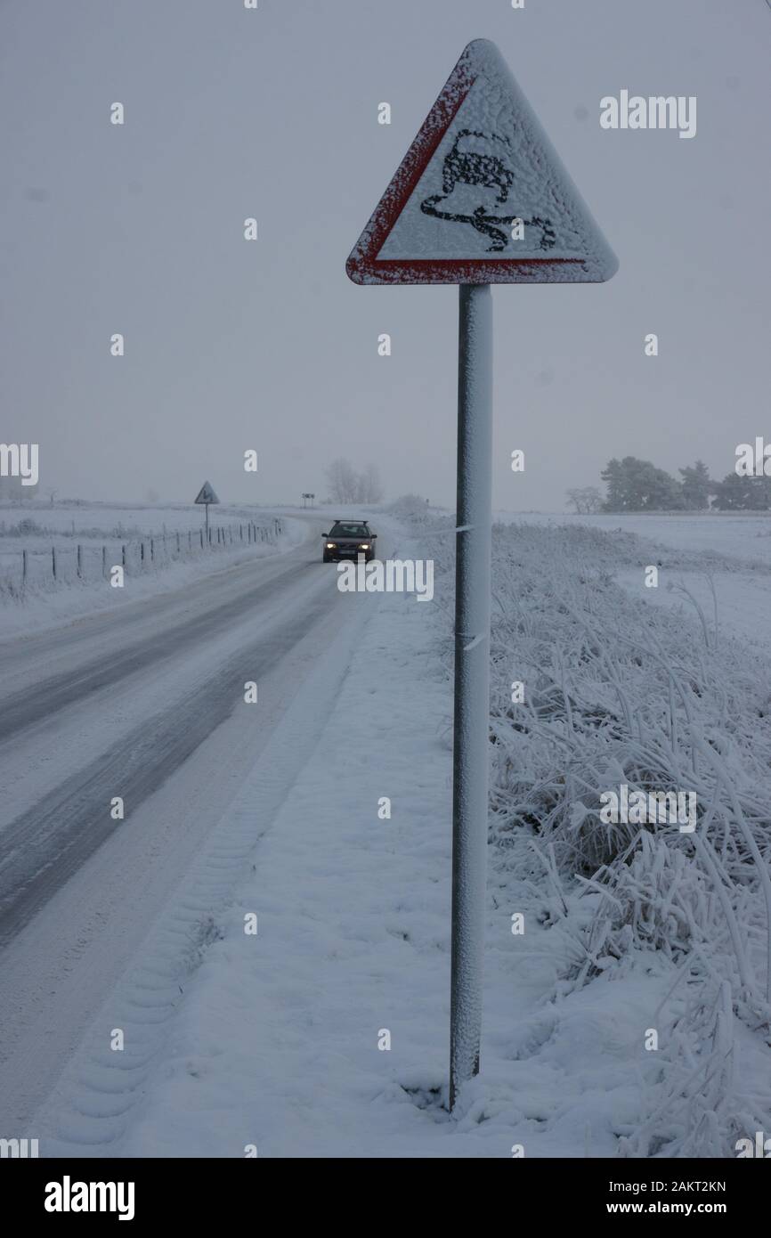 La neve il freddo delle luci di avvertimento pericolo, strada ghiacciata condizioni Foto Stock