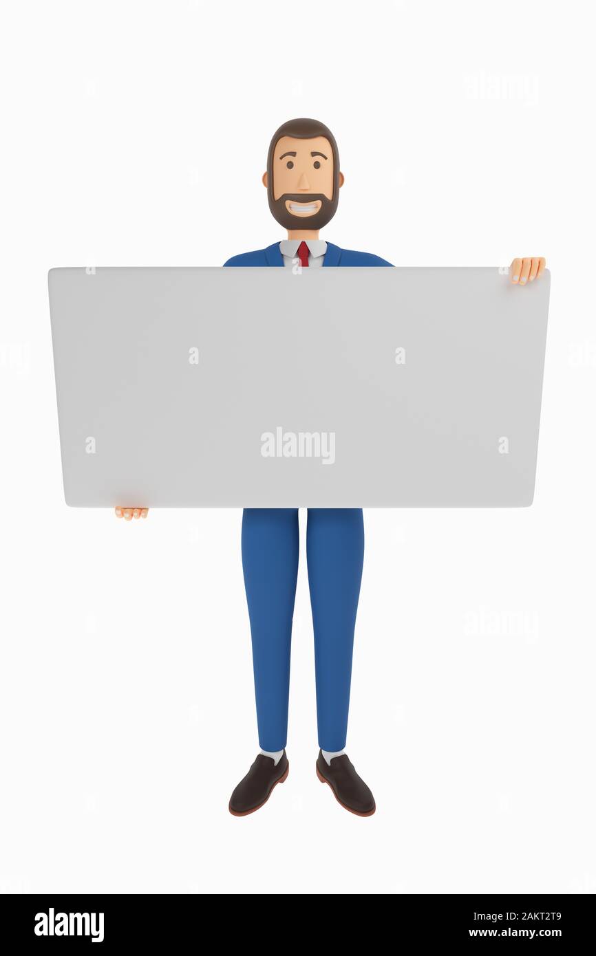 Un fumetto disegnato imprenditore è in possesso di un biglietto da visita, modulo vuoto o carta di credito. Imprenditore in un vestito con uno sguardo insolito. Il rendering 3D Foto Stock