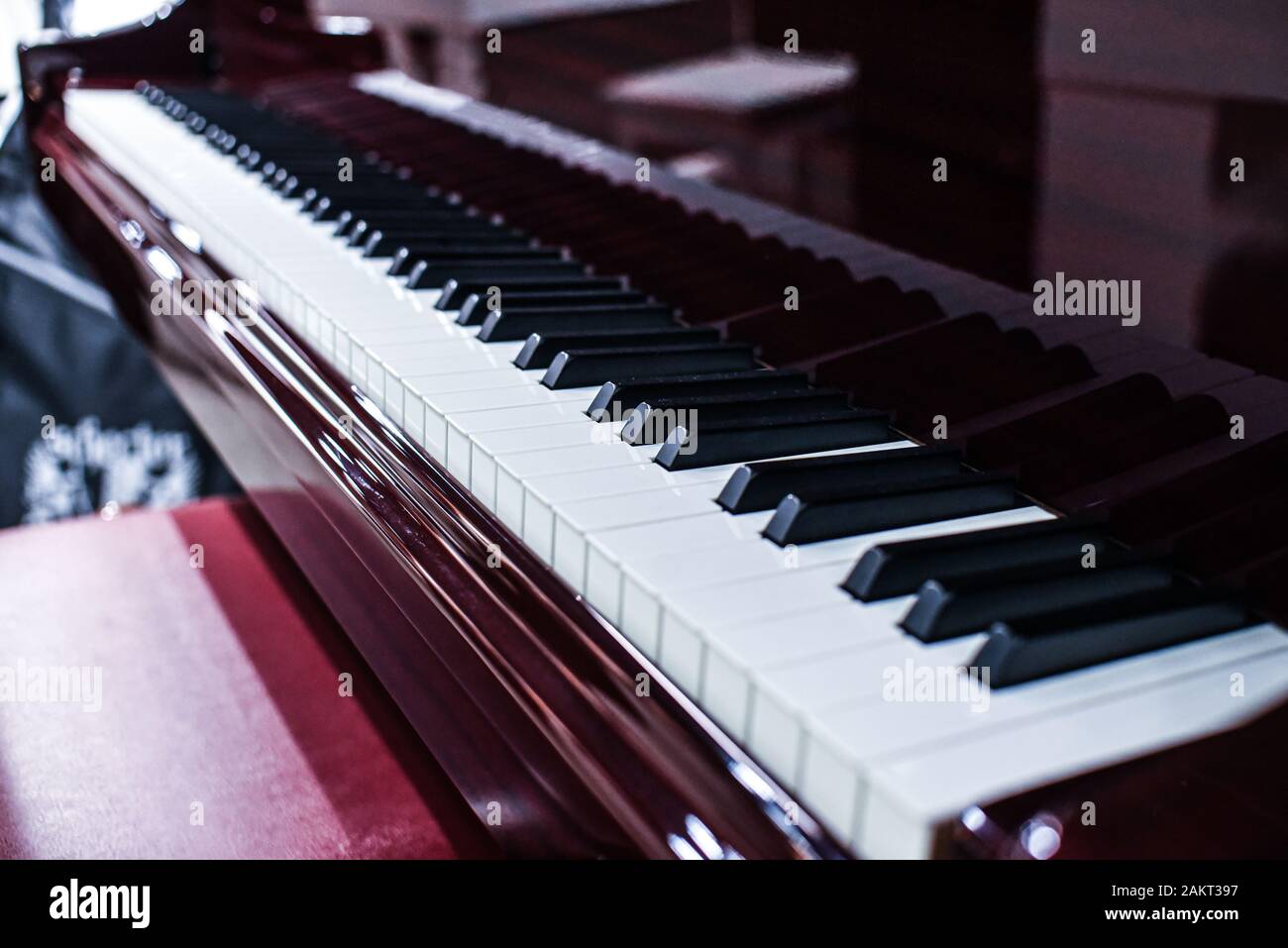 strumenti musicali monocromatici in bianco e nero con tasti per pianoforte prospettico Foto Stock