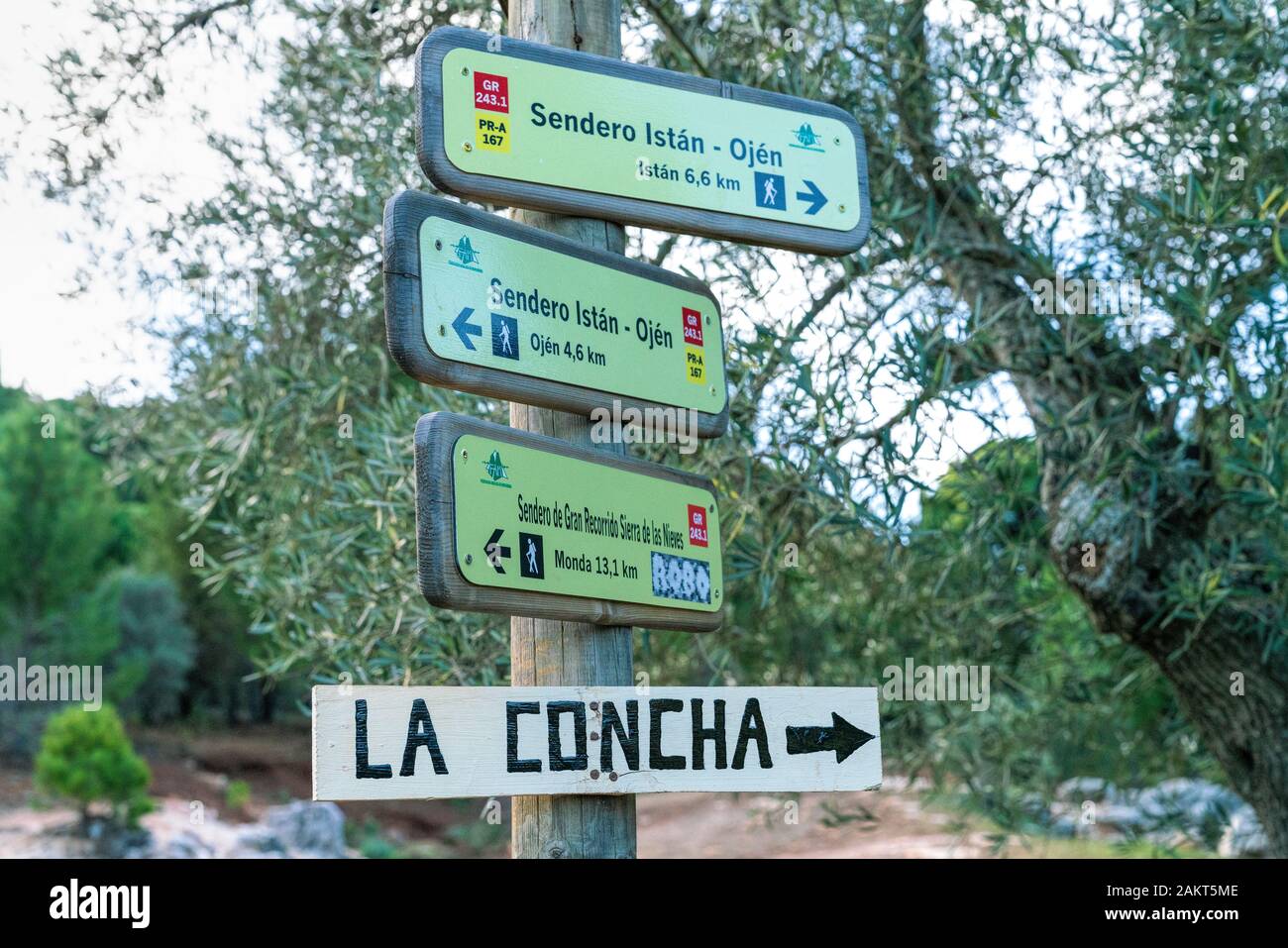 24th Dicembre 2019 - Costa Del Sol, Spagna. Cartelli informativi con sentieri per Ojen e la Concha la montagna più alta di Marbella e dintorni Foto Stock