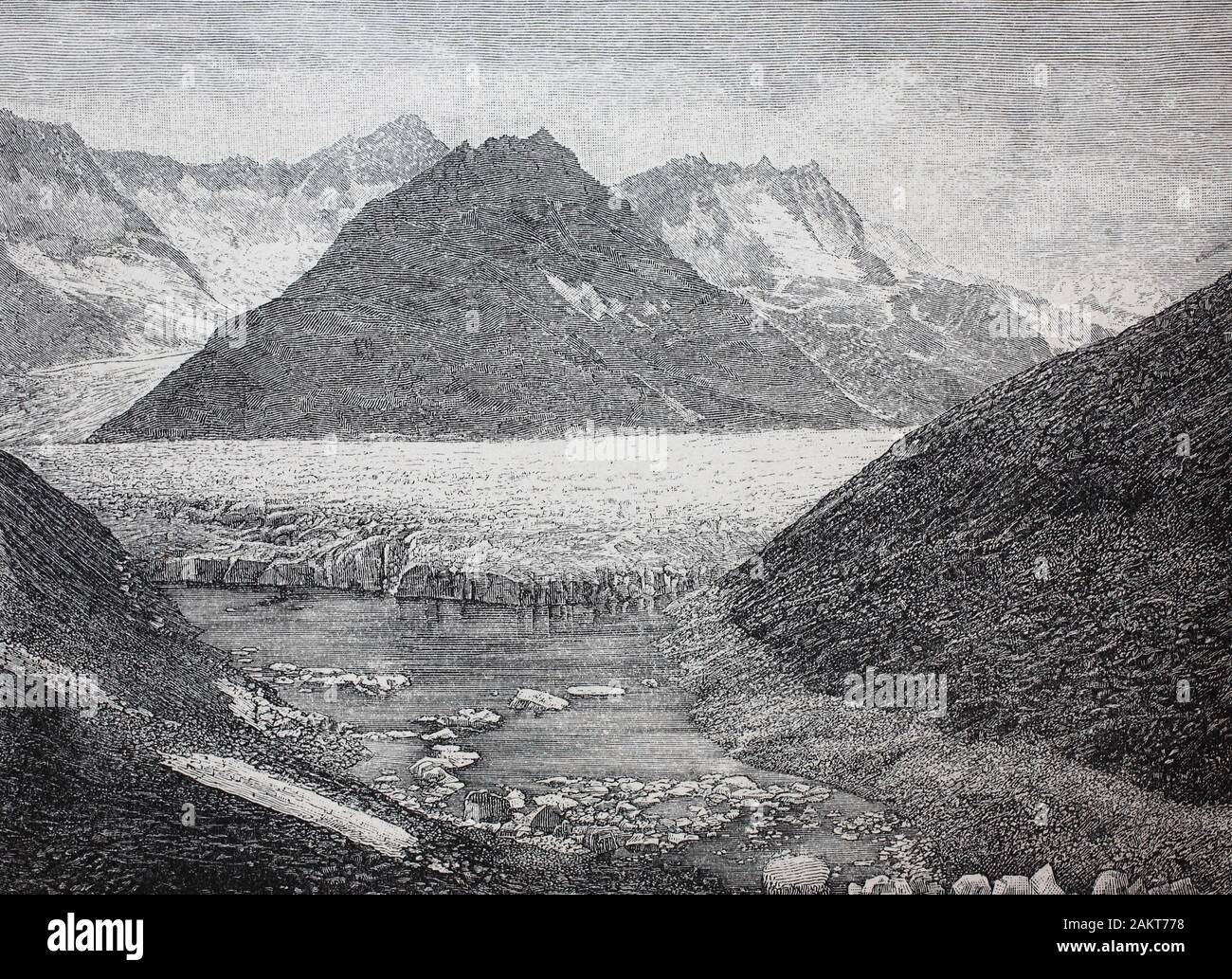 Il ghiacciaio di Aletsch glacier lago, con il lago Märjelensee, Aletschgletscher, o Grande Aletsch Glacie, è il più grande ghiacciaio delle Alpi, Svizzera, nell'anno 1888 / Der Aletschgletschersee mit dem Märjelensee, dem Aletschgletscher oder dem Grossen Aletschgletscher ist der grösste Gletscher der Alpen in der Schweiz im Jahr 1888, Historisch, digitale migliorata la riproduzione di un originale del XIX secolo / digitale Reproduktion einer Originalvorlage aus dem 19. Jahrhundert Foto Stock