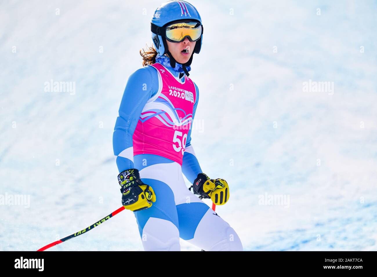 Losanna, Svizzera. 10th, 2020 gen. KALTSOGIANNI Maria Nikoleta (GRE) compete in sci alpino: Donna Super-G durante il Lausanne 2020 Olimpiadi della Gioventù a Vaudoise Arena il Venerdì, 10 gennaio 2020. Losanna, Svizzera. Credito: Taka G Wu/Alamy Live News Foto Stock