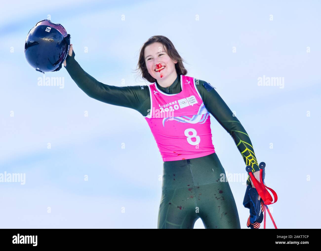 Losanna, Svizzera. 10th, 2020 gen. MACUGA Lauren (USA) compete in sci alpino: Donna Super-G durante il Lausanne 2020 Olimpiadi della Gioventù a Vaudoise Arena il Venerdì, 10 gennaio 2020. Losanna, Svizzera. Credito: Taka G Wu/Alamy Live News Foto Stock